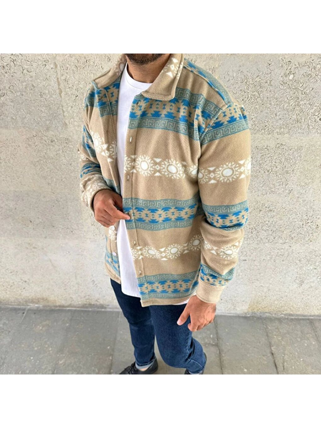 Sarı Erkek Desenli Polar Gömlek – Etnik Şerit Desen Yakalı, Uzun Kollu, Düğmeli, Oversize Rahat Kalıp - S-3