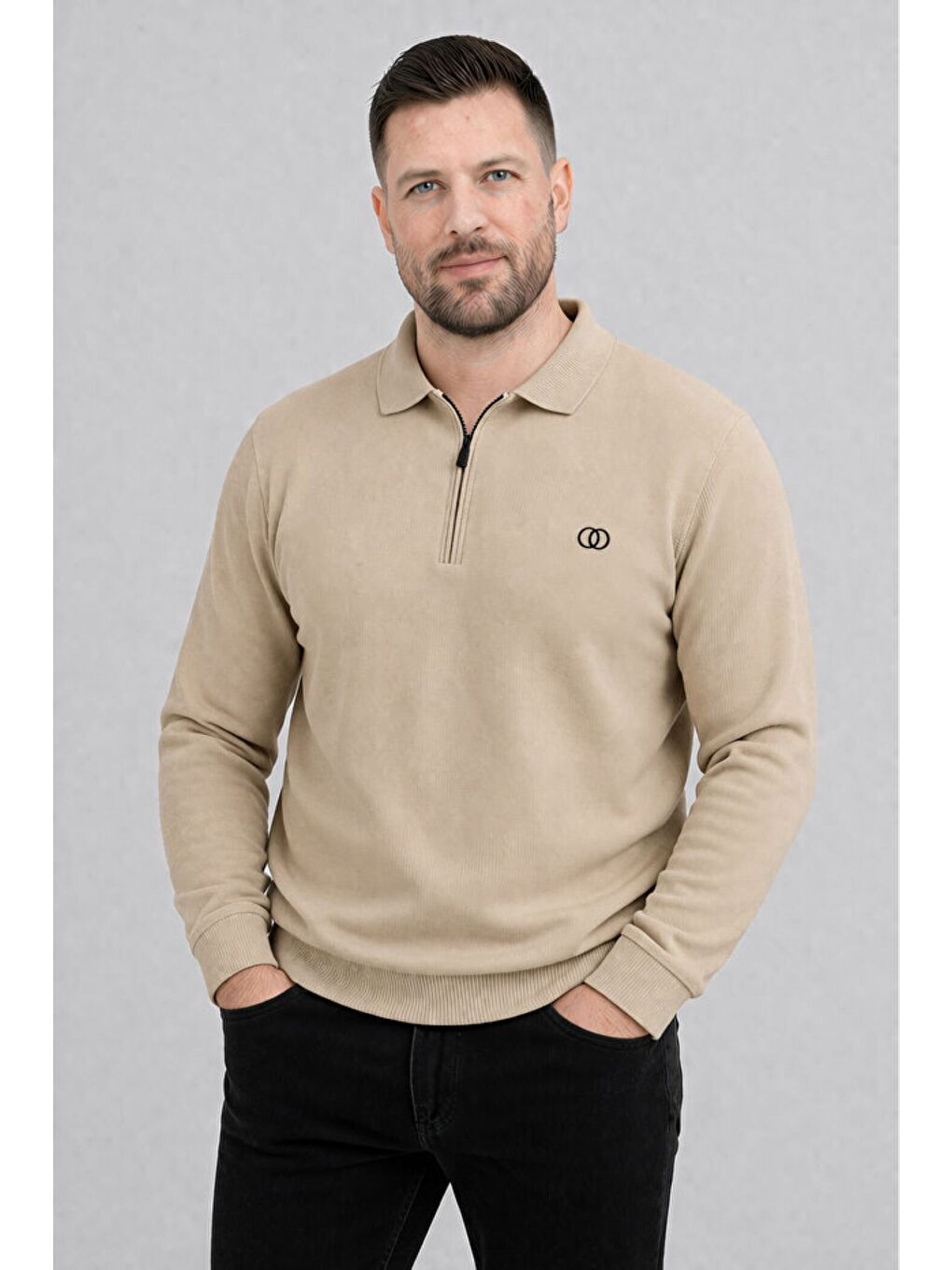 Bej Erkek Pamuklu Polo Yaka Yarım Fermuarlı Manşetli Fitilli Kaliteli Uzun Kollu Kazak