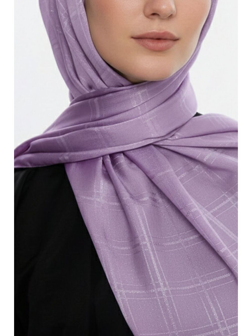 & YAQA Kare Desen Jakarlı Lila Şal-1