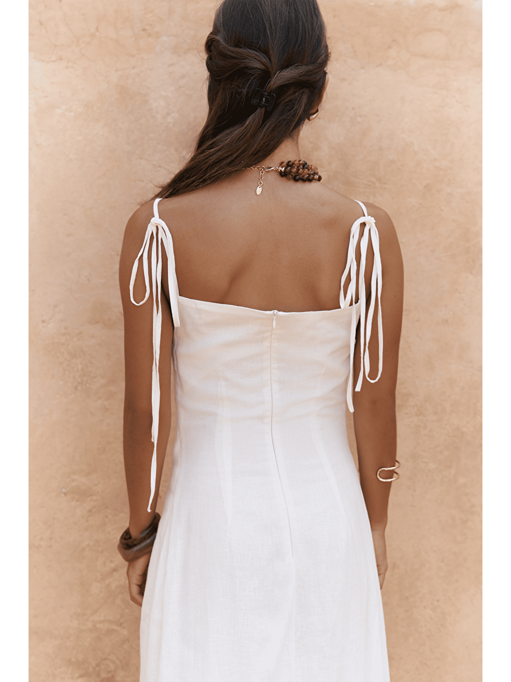 Blantyre Askılı Uzun Ekru Keten Elbise-7