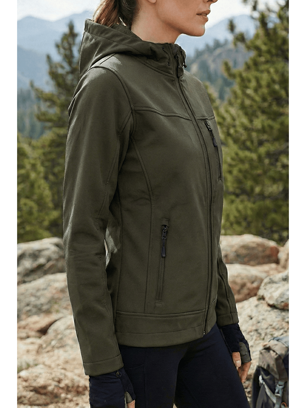 Haki Kadın Mont İçi Polarlı Softshell Mont Su ve Rüzgar Geçirmez Kapüşonlu Spor Mont-2