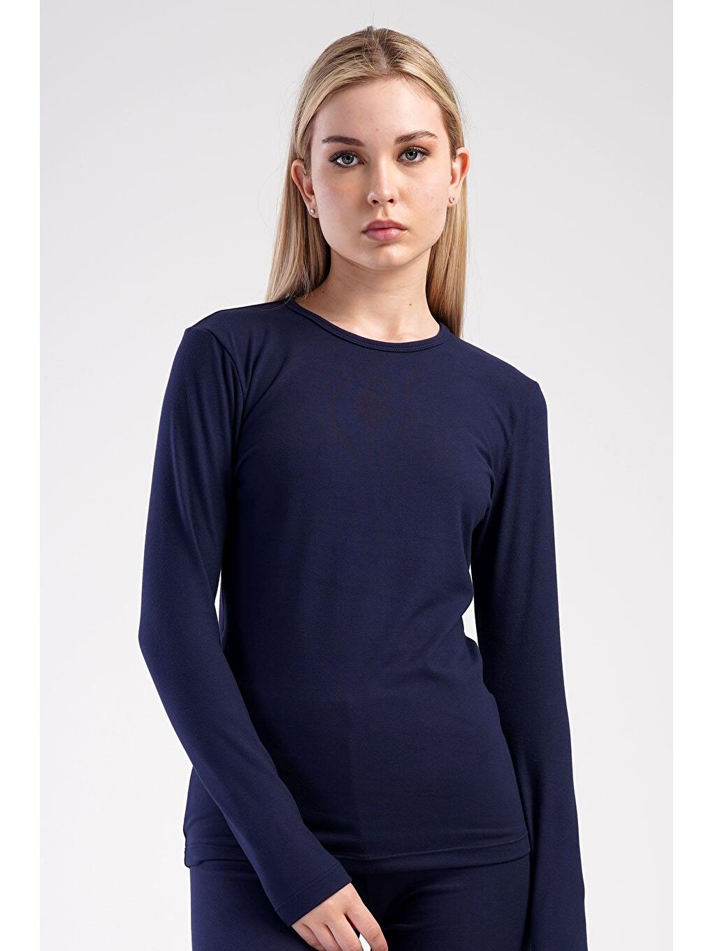Kadın Uzun Kol Bisiklet Yaka Termal T-Shirt 409008 Lacivert-1