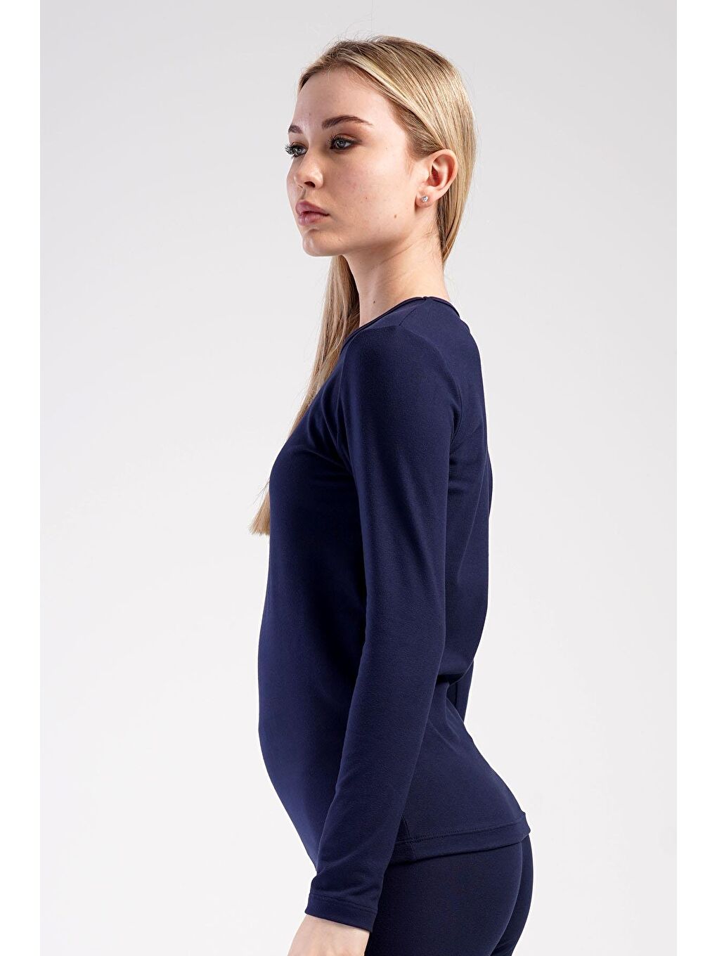 Kadın Uzun Kol Bisiklet Yaka Termal T-Shirt 409008 Lacivert-3