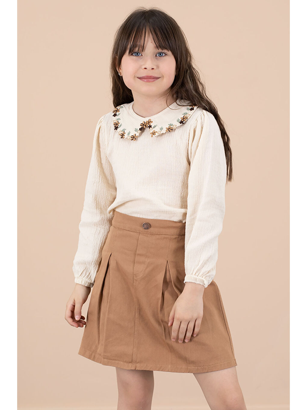 Kahverengi Kahve Yakası Çiçek Nakışlı Müslin Gömlekli Etekli Kız Çocuk 2li Takım 20674-2