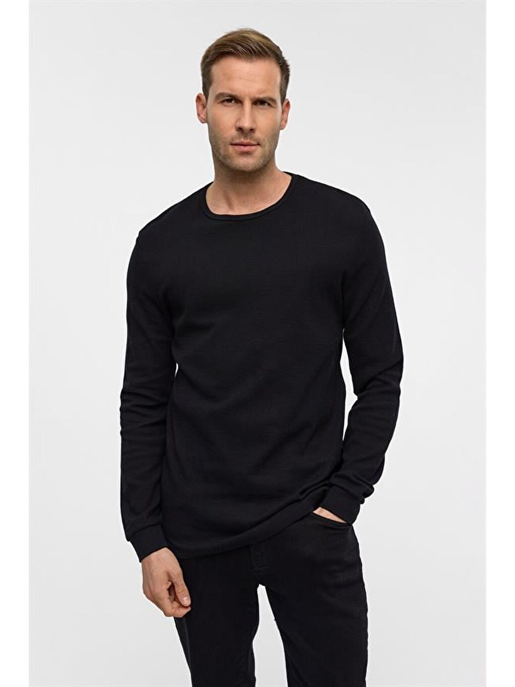 Siyah Slim Armürlü Bisiklet Yaka Triko-3