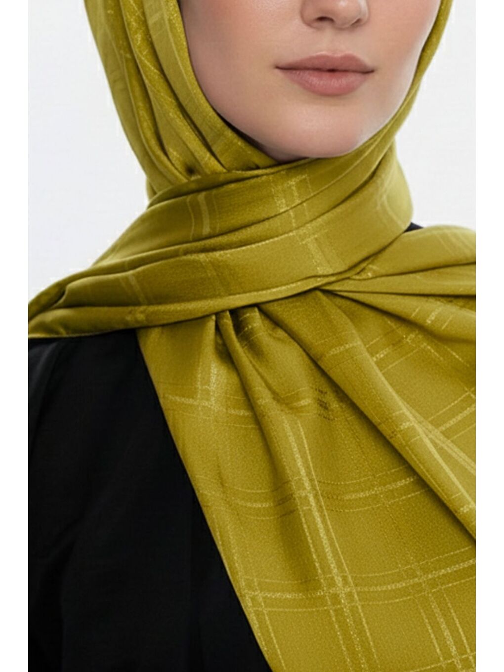 Kahverengi & YAQA Kare Desen Jakarlı Hardal Rengi Şal-1