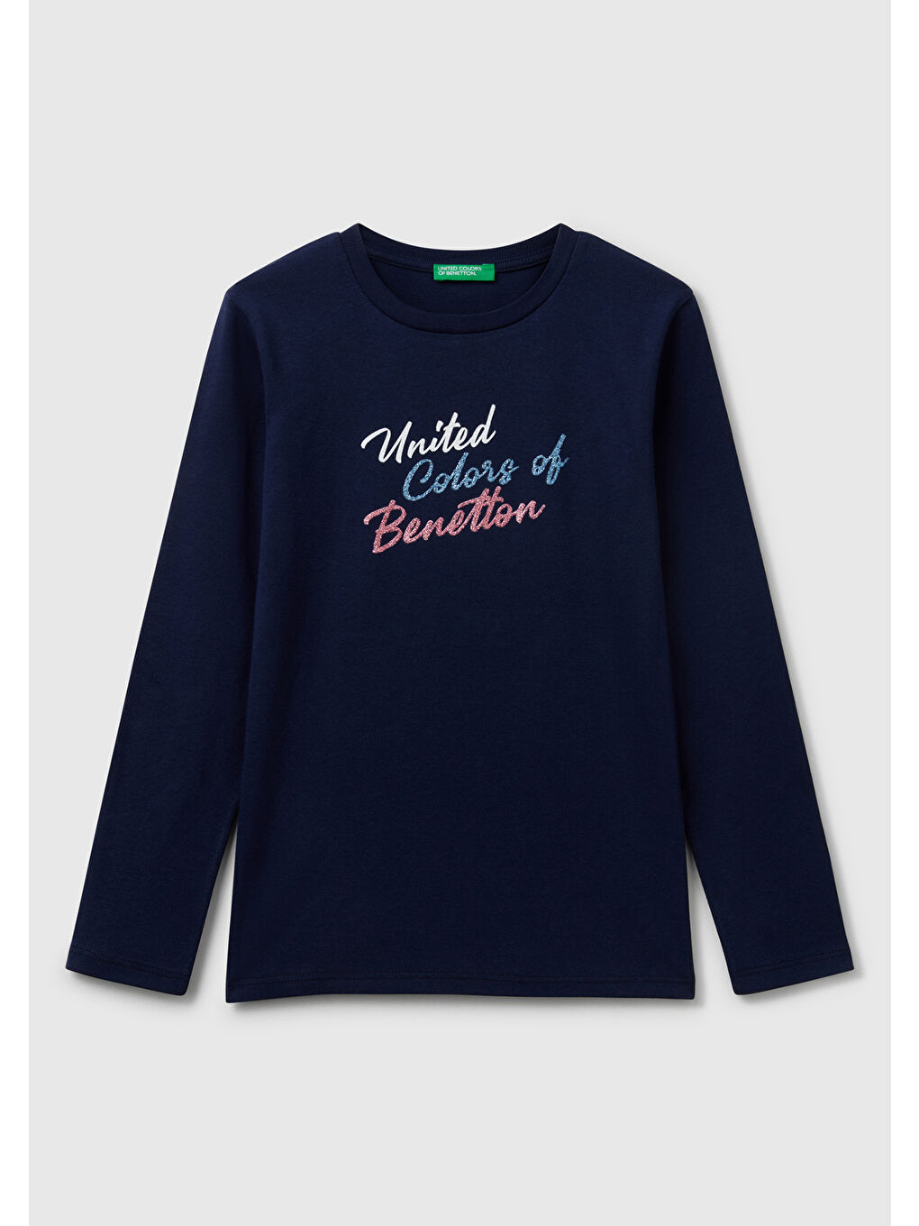 Kız Çocuk Lacivert Simli Benetton Logo Baskılı T-Shirt