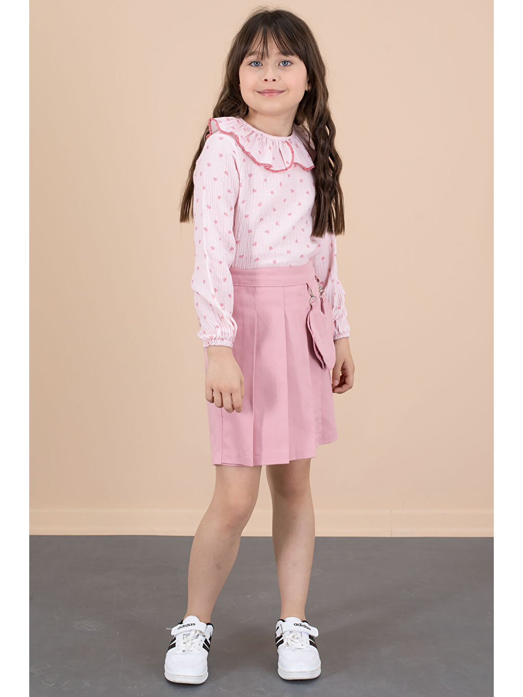 Pembe Kalp Desenli Müslin Gömlekli Kız Çocuk Şort Etekli 2li Takım 20675-1