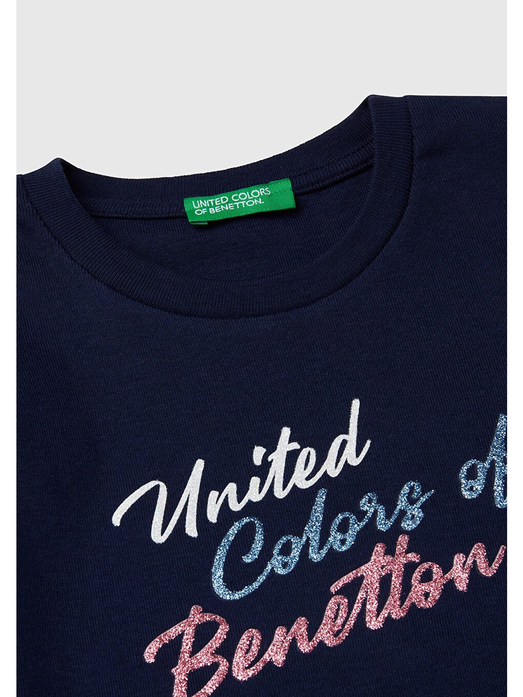 Kız Çocuk Lacivert Simli Benetton Logo Baskılı T-Shirt-2