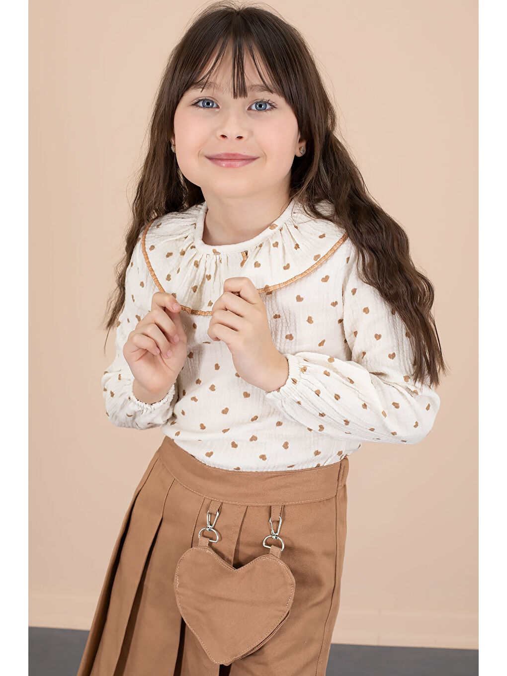 Kahverengi Kahve Kalp Desenli Müslin Gömlekli Kız Çocuk Şort Etekli 2li Takım 20677-1