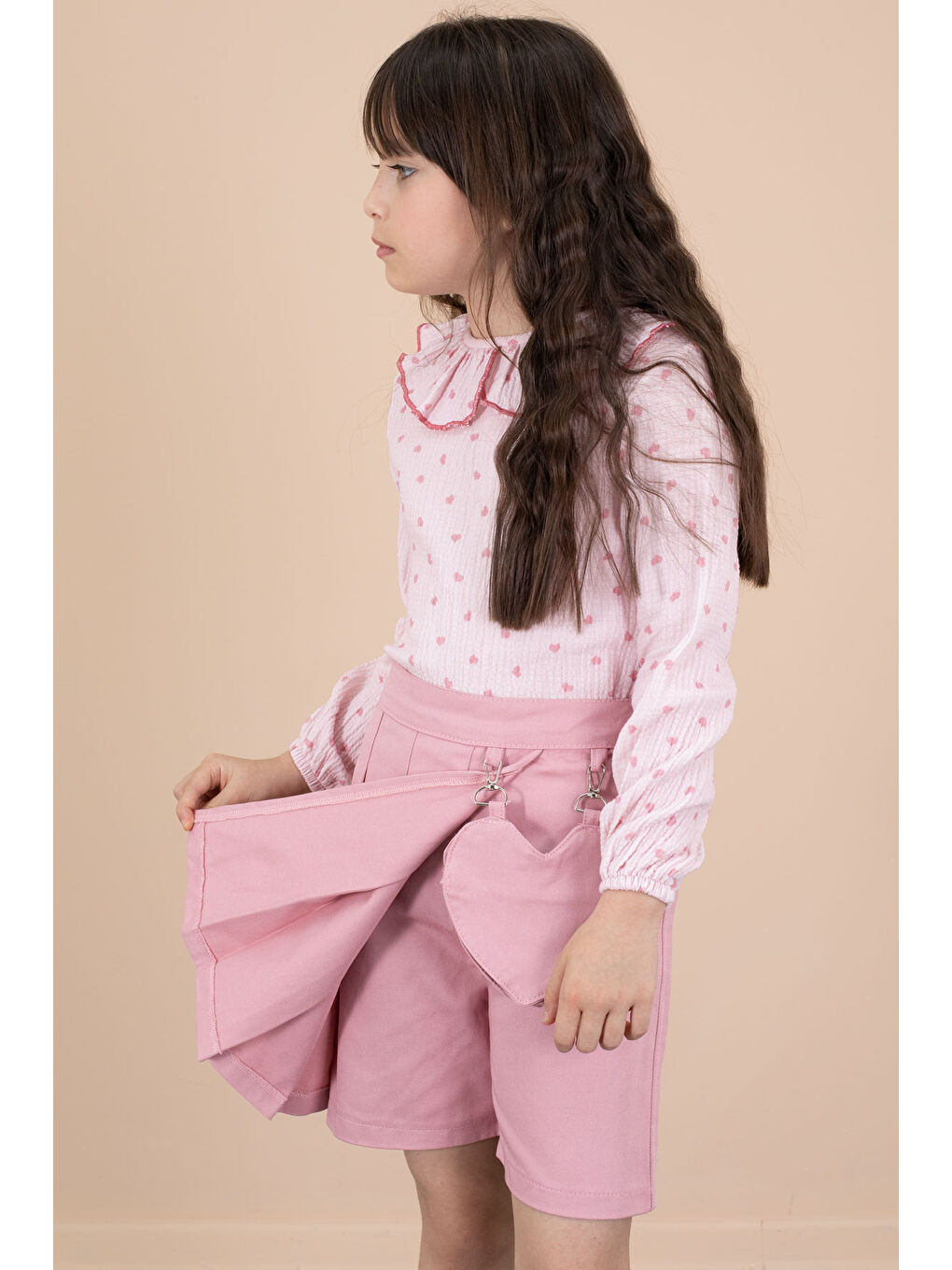 Pembe Kalp Desenli Müslin Gömlekli Kız Çocuk Şort Etekli 2li Takım 20675-2