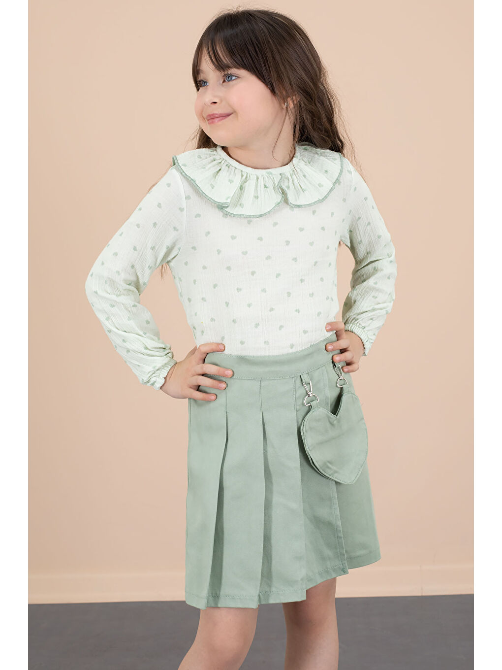 Yeşil Kalp Desenli Müslin Gömlekli Kız Çocuk Şort Etekli 2li Takım 20676-1