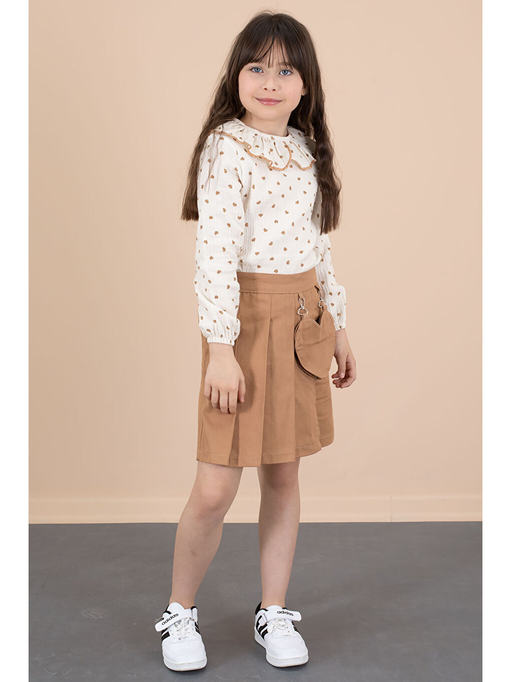 Kahverengi Kahve Kalp Desenli Müslin Gömlekli Kız Çocuk Şort Etekli 2li Takım 20677-2