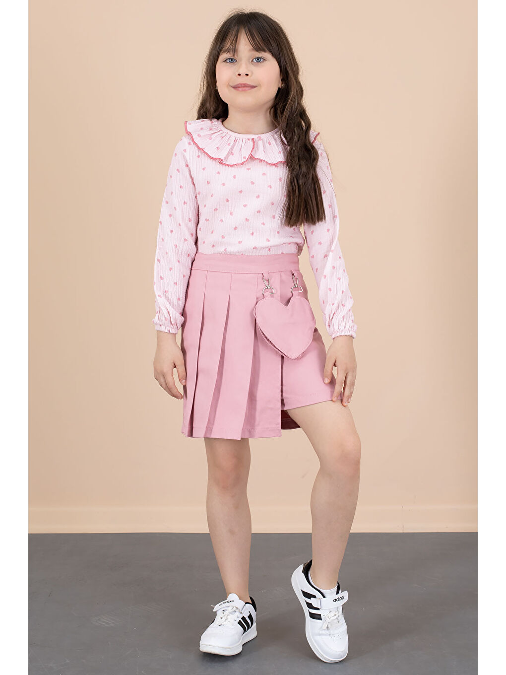 Pembe Kalp Desenli Müslin Gömlekli Kız Çocuk Şort Etekli 2li Takım 20675-3