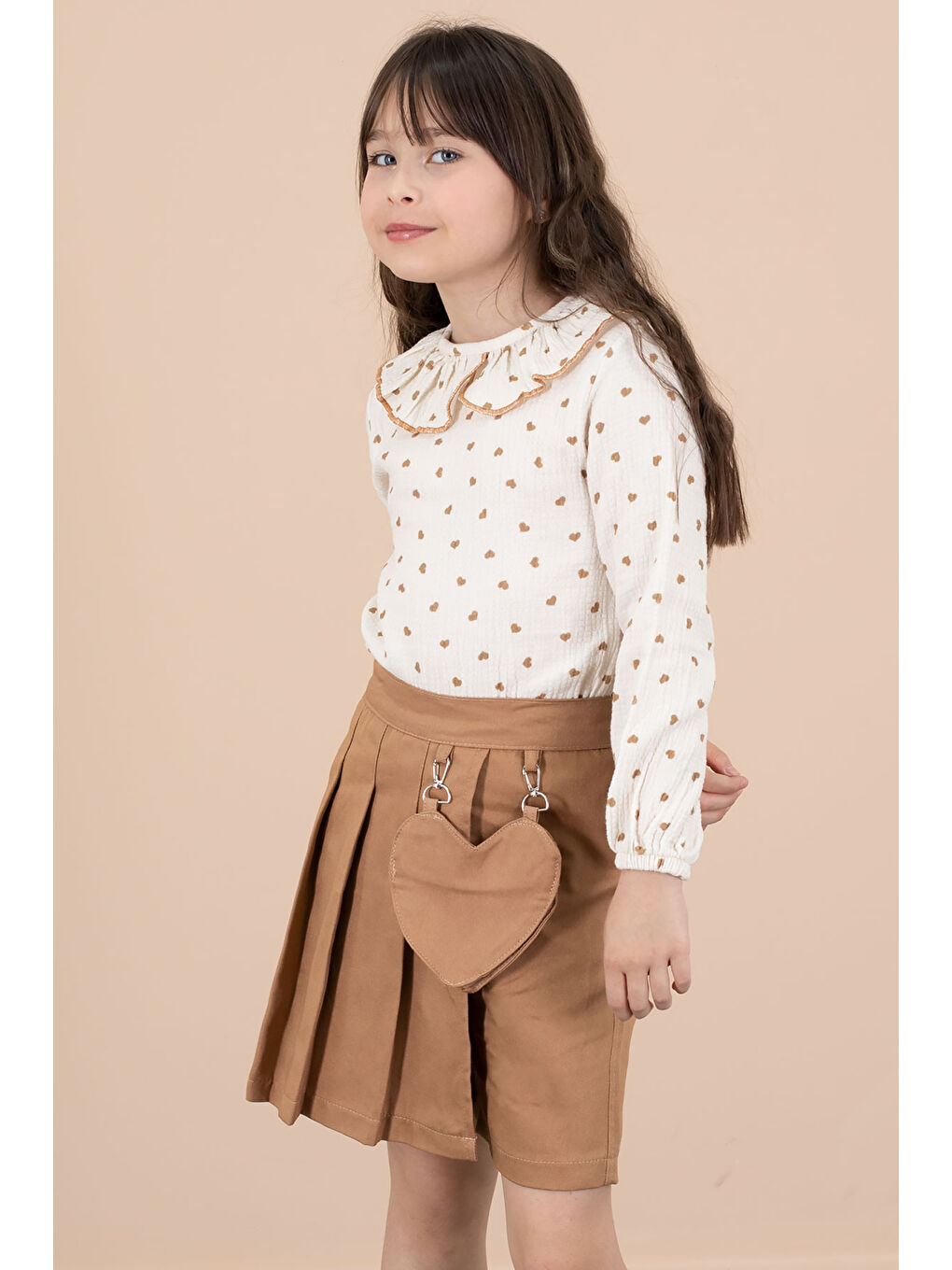 Kahverengi Kahve Kalp Desenli Müslin Gömlekli Kız Çocuk Şort Etekli 2li Takım 20677-3