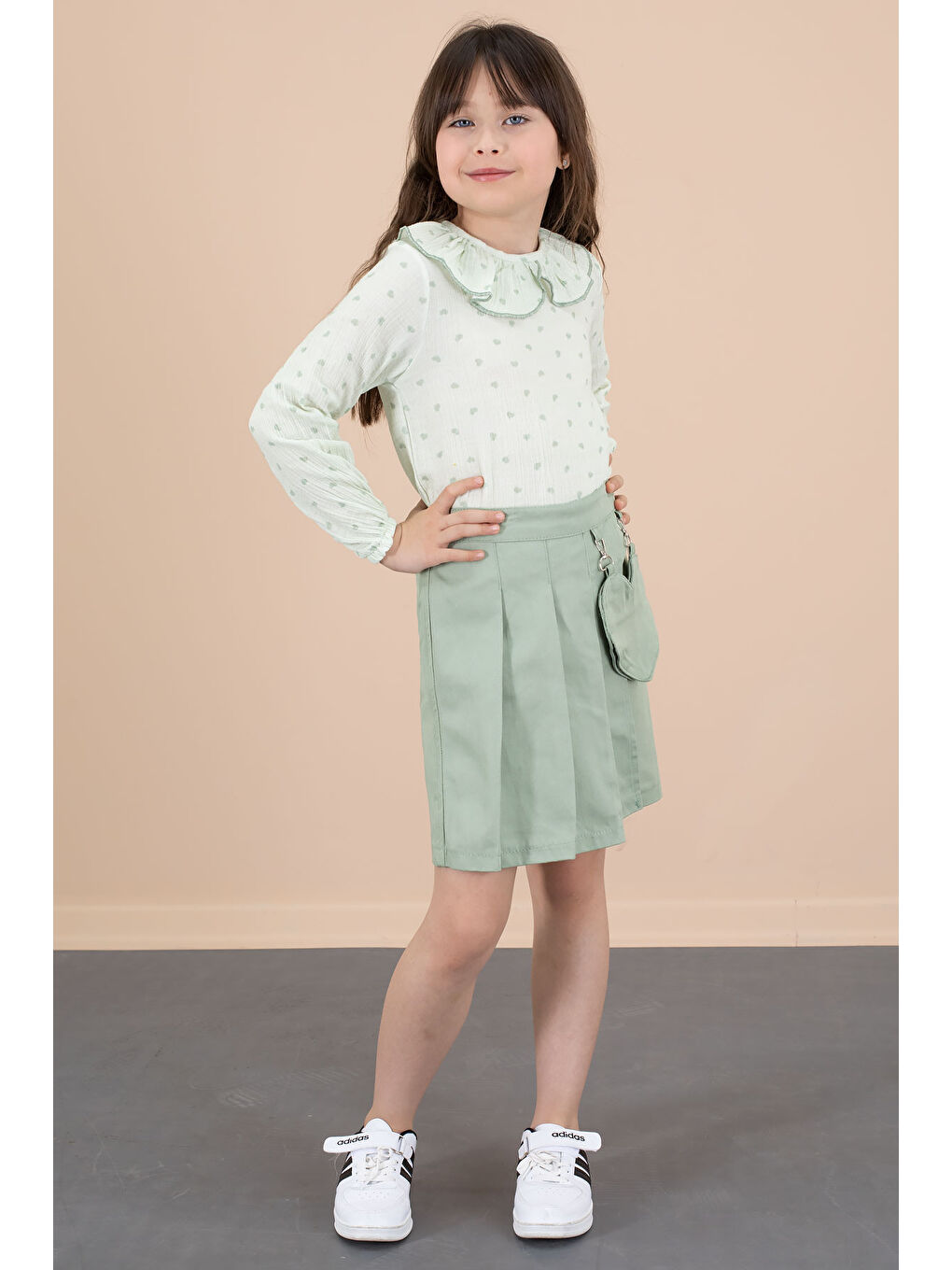 Yeşil Kalp Desenli Müslin Gömlekli Kız Çocuk Şort Etekli 2li Takım 20676-2