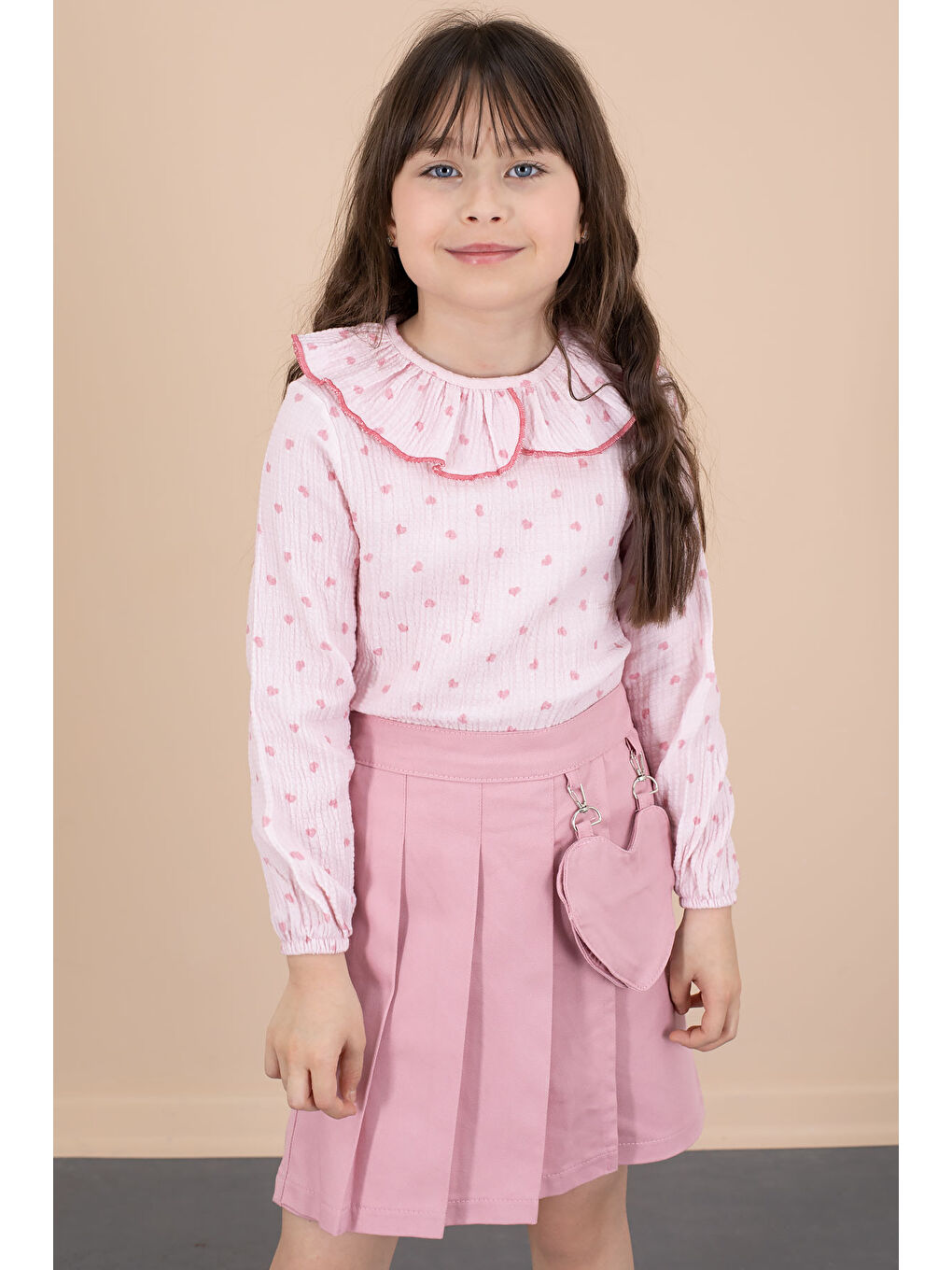 Pembe Kalp Desenli Müslin Gömlekli Kız Çocuk Şort Etekli 2li Takım 20675-4