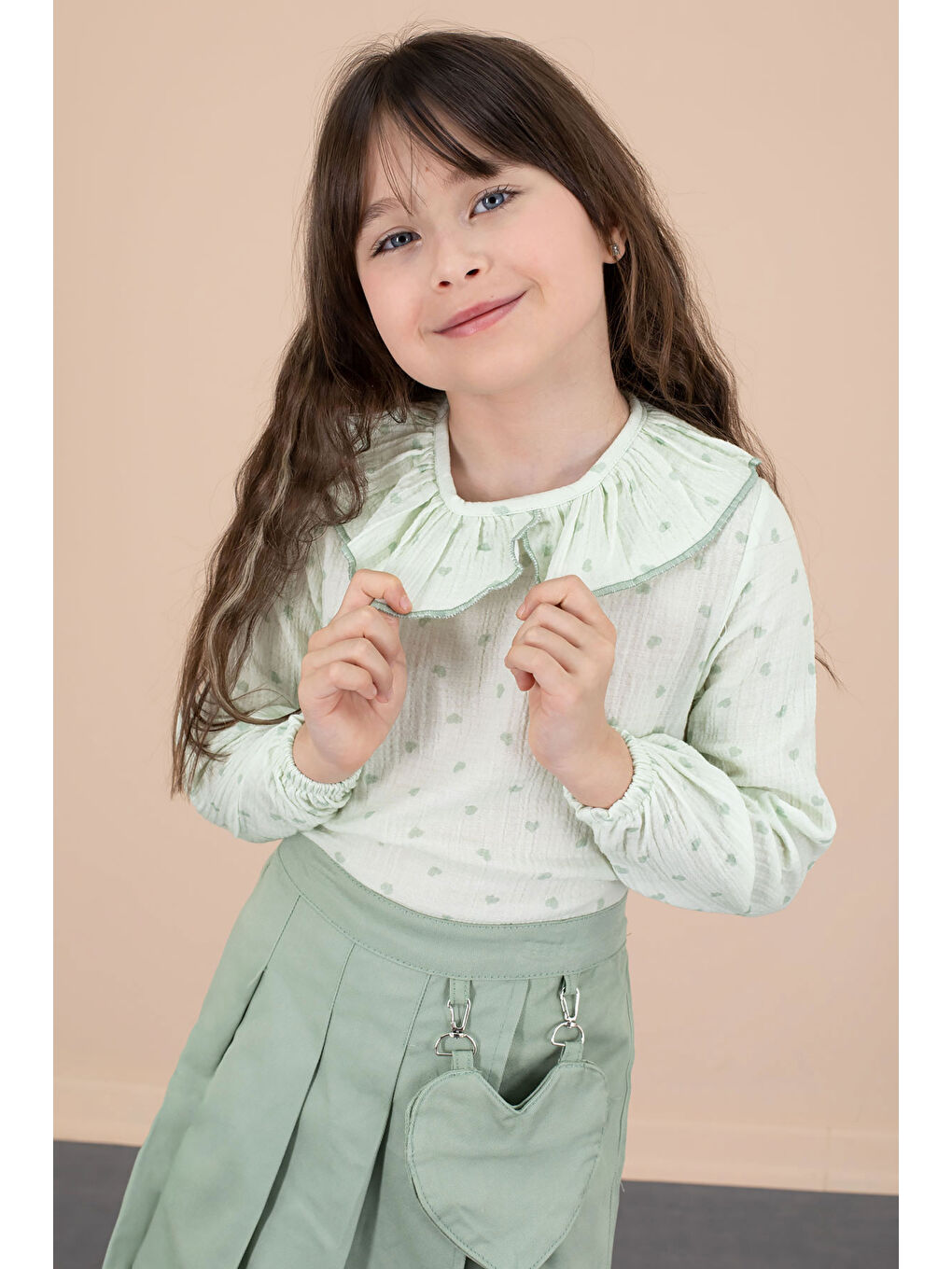 Yeşil Kalp Desenli Müslin Gömlekli Kız Çocuk Şort Etekli 2li Takım 20676-3