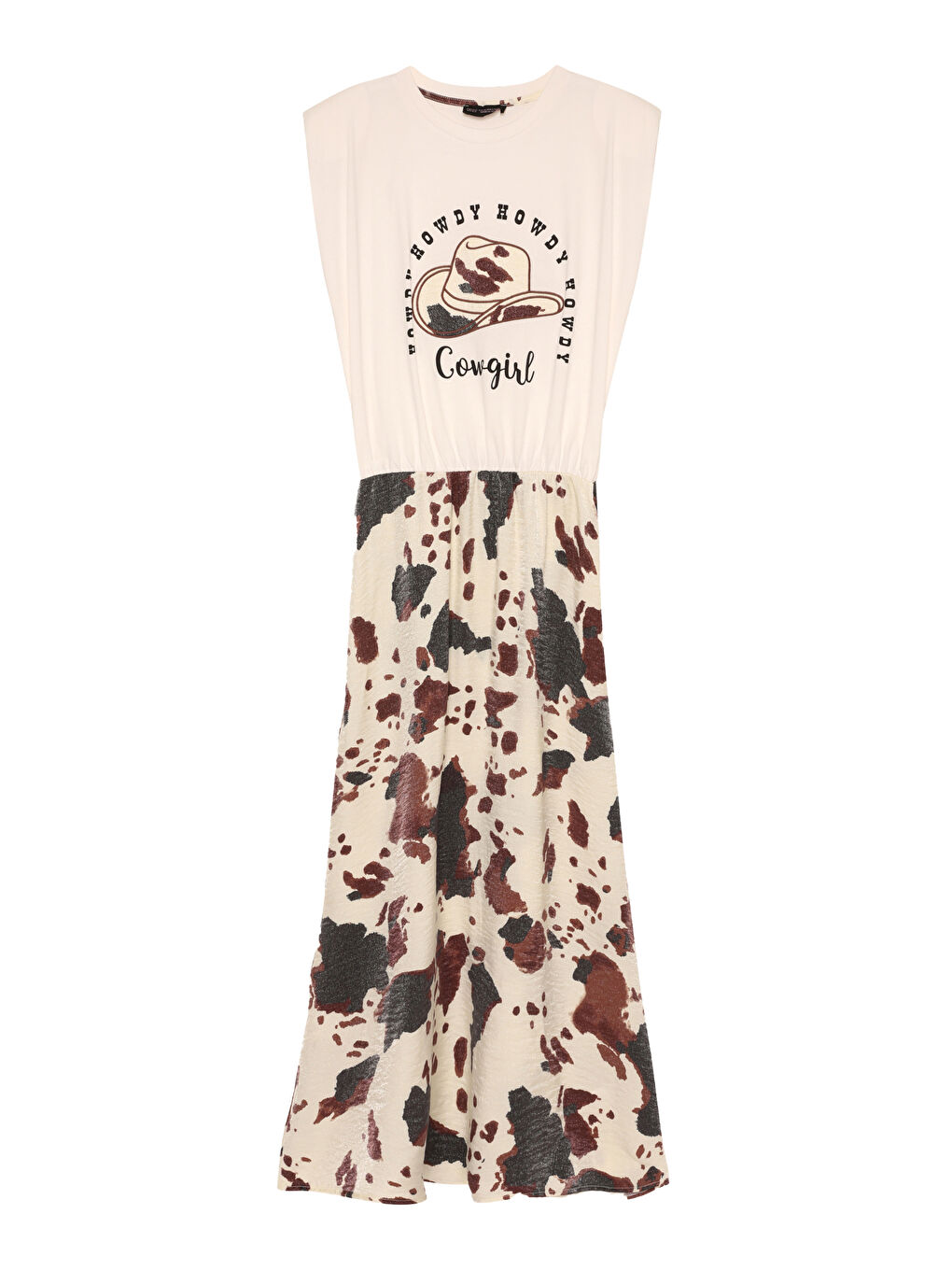 Vatkalı İnek Desenli Uzun Elbise Ekru