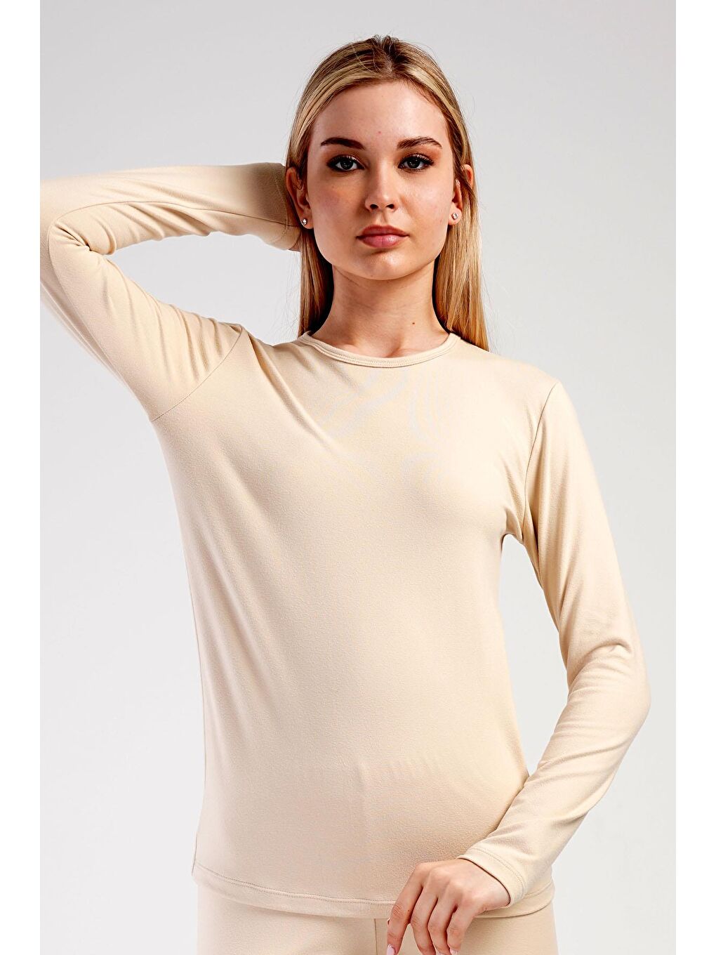 Kadın Uzun Kol Bisiklet Yaka Termal T-Shirt 409008 Bej-1