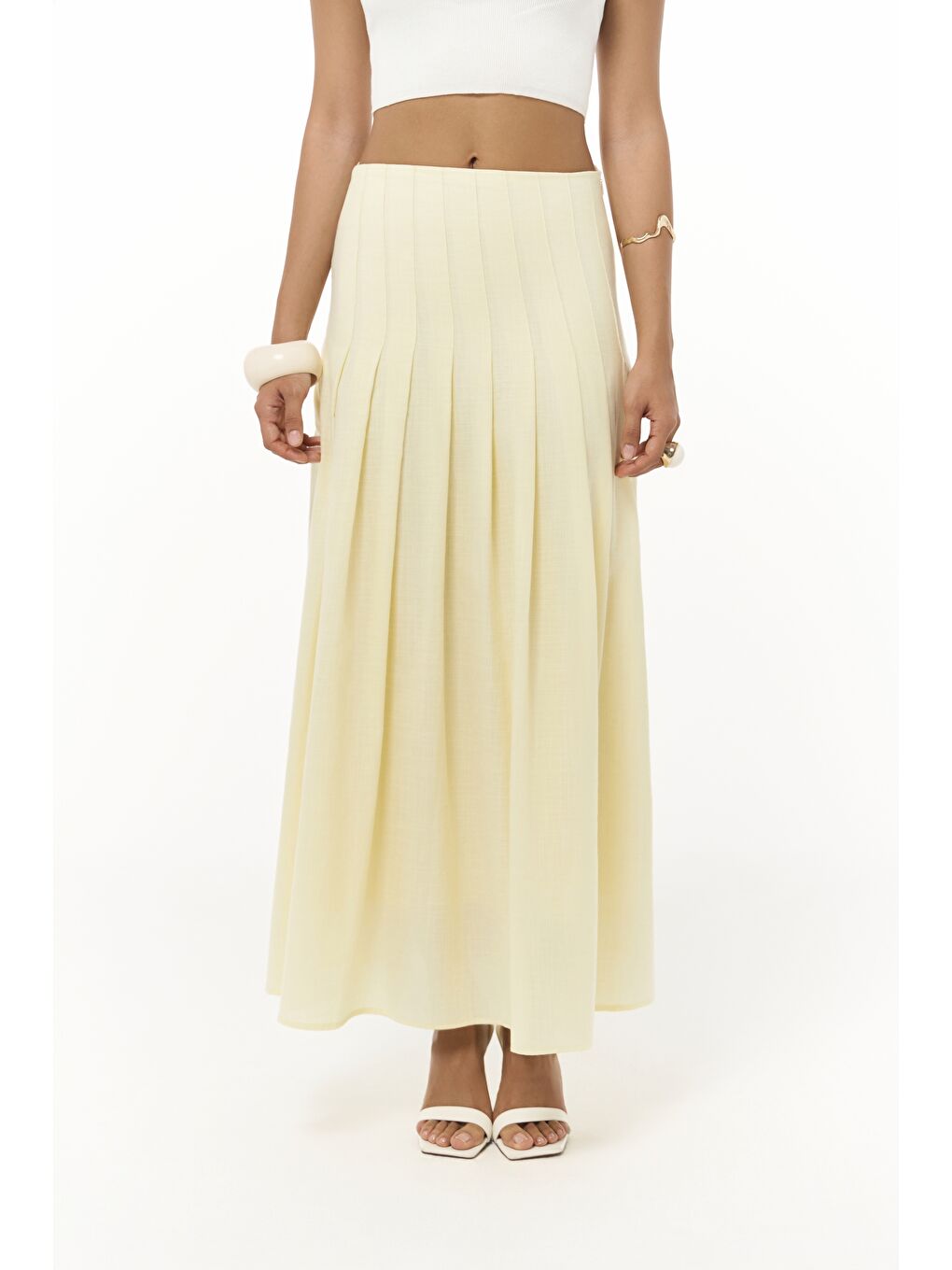 Sera Pile Detay Sarı Uzun Etek-5