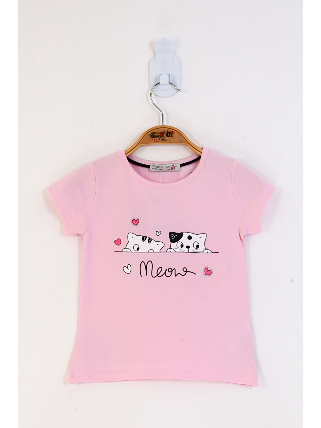 Pembe Kız Çocuk Kedi Baskılı Tişört