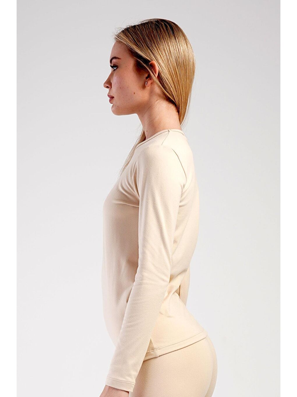 Kadın Uzun Kol Bisiklet Yaka Termal T-Shirt 409008 Bej-2