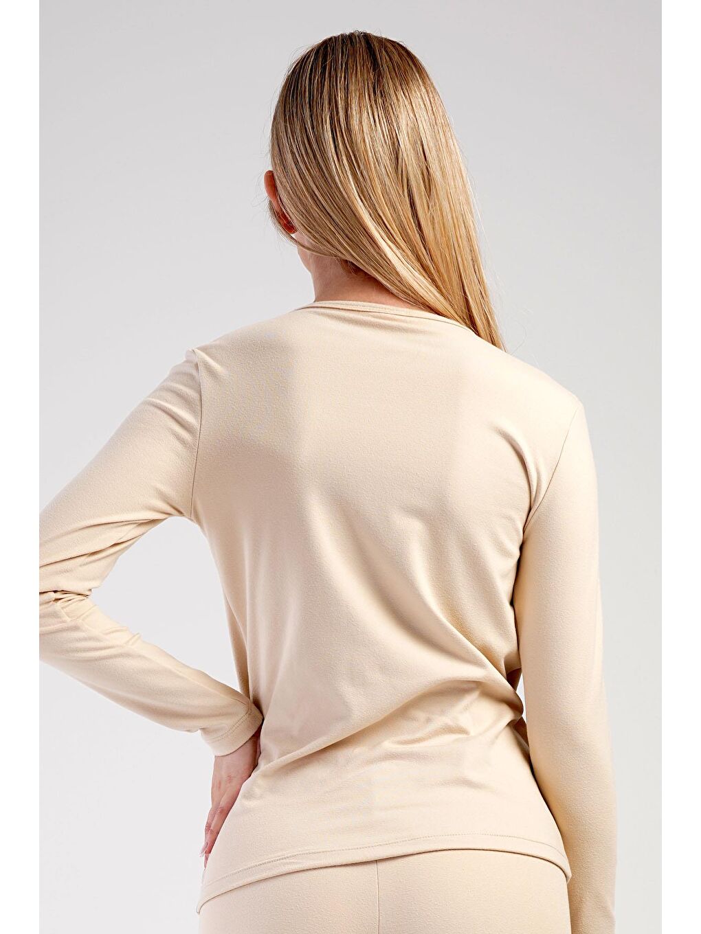 Kadın Uzun Kol Bisiklet Yaka Termal T-Shirt 409008 Bej-3