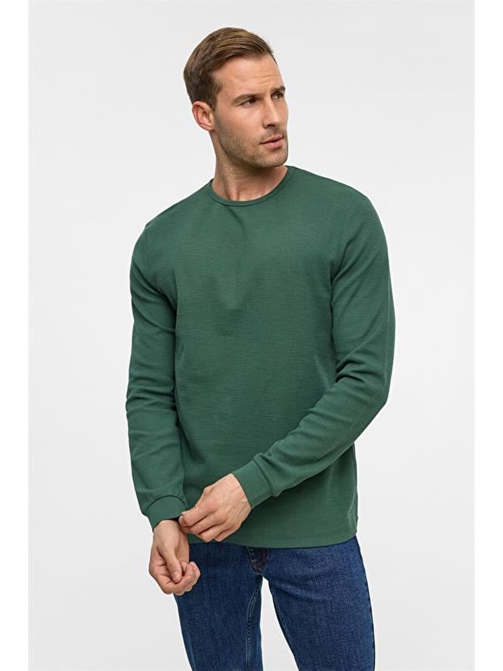 Yeşil Slim Armürlü Bisiklet Yaka Triko-1