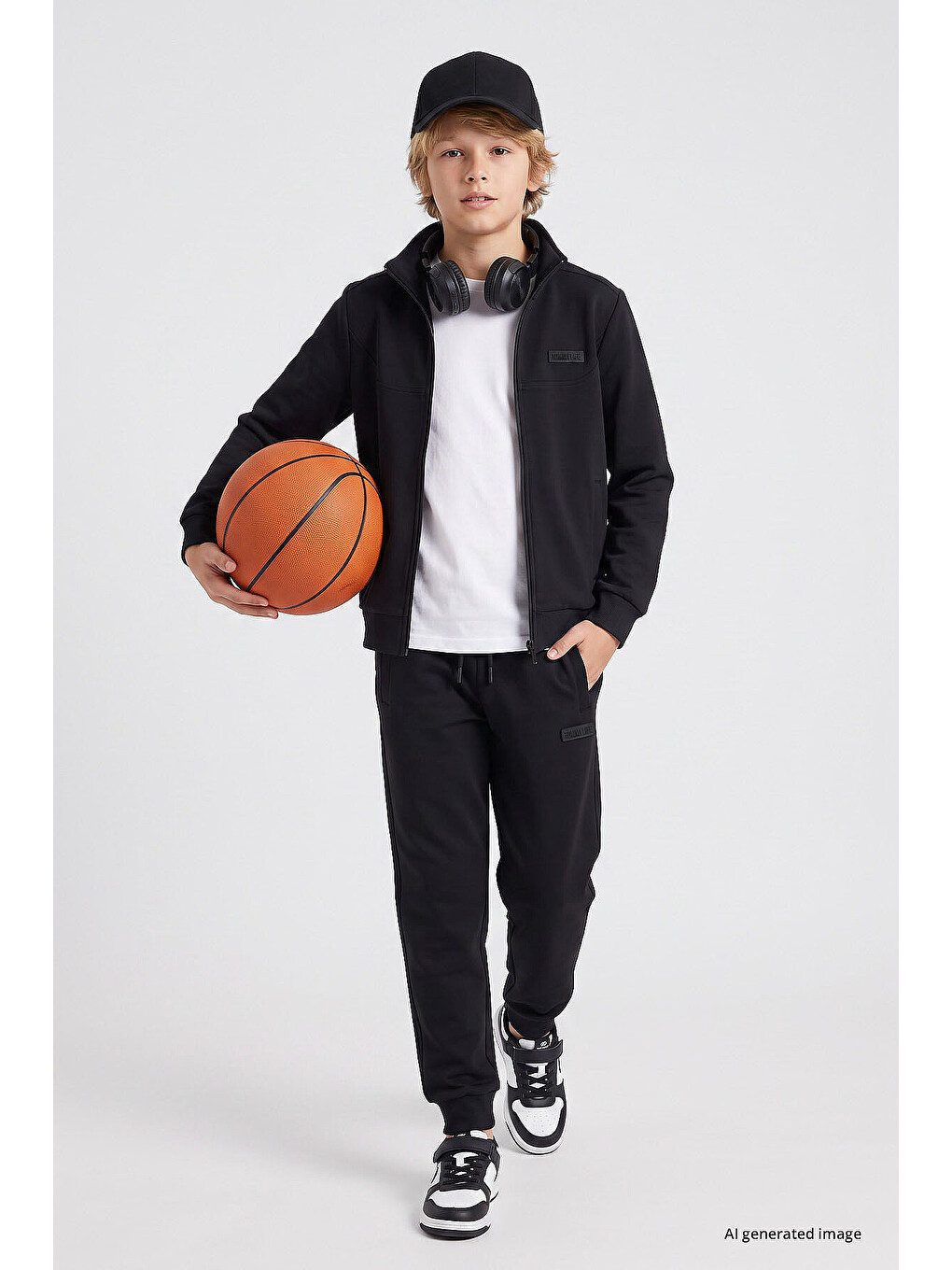 Siyah Standart Fit Basic Dik Yaka Jogger Erkek Çocuk Eşofman Takım - 11327-1