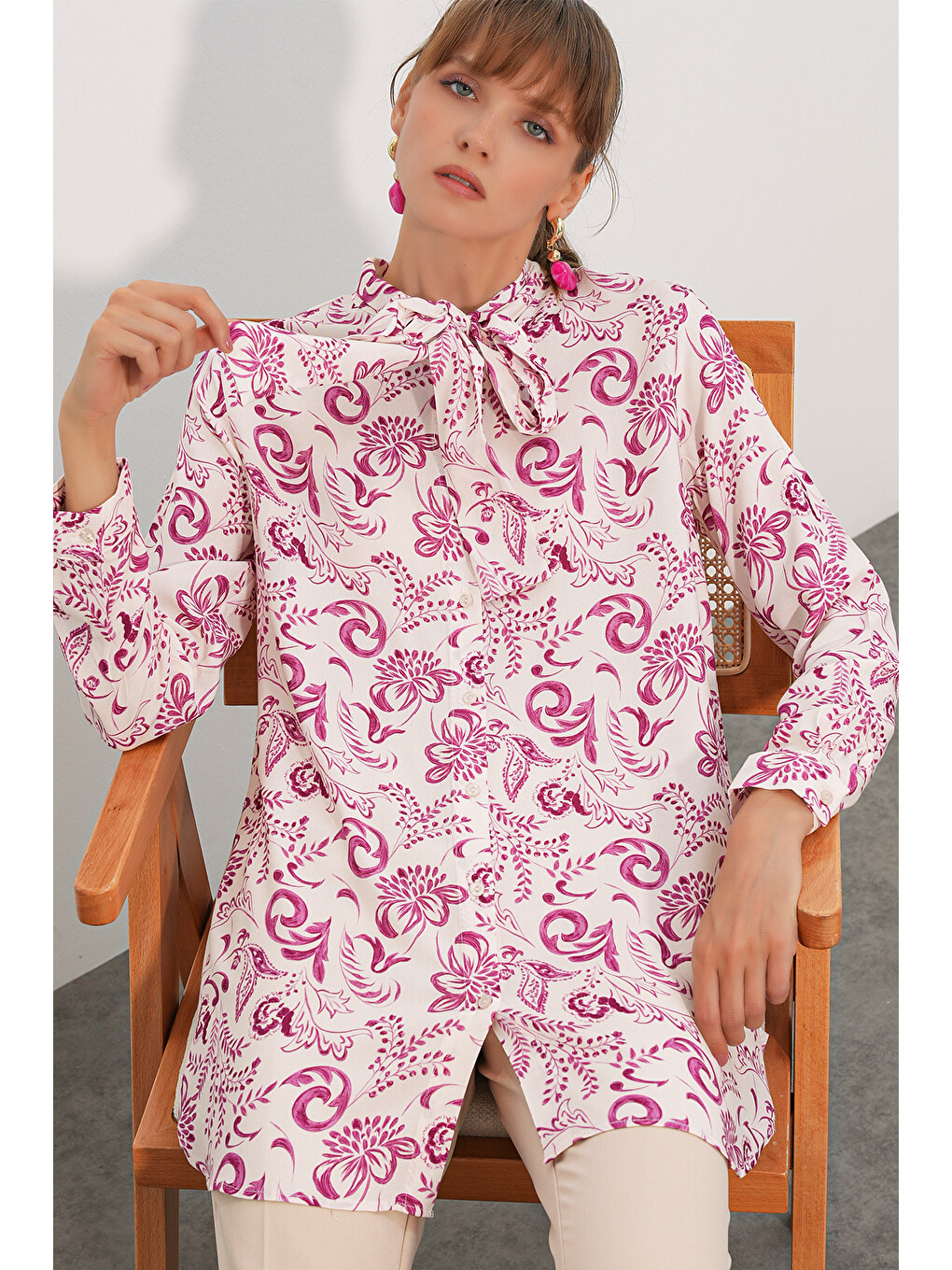 Kadın Desenli Uzun Tunik 5998 - Pembe