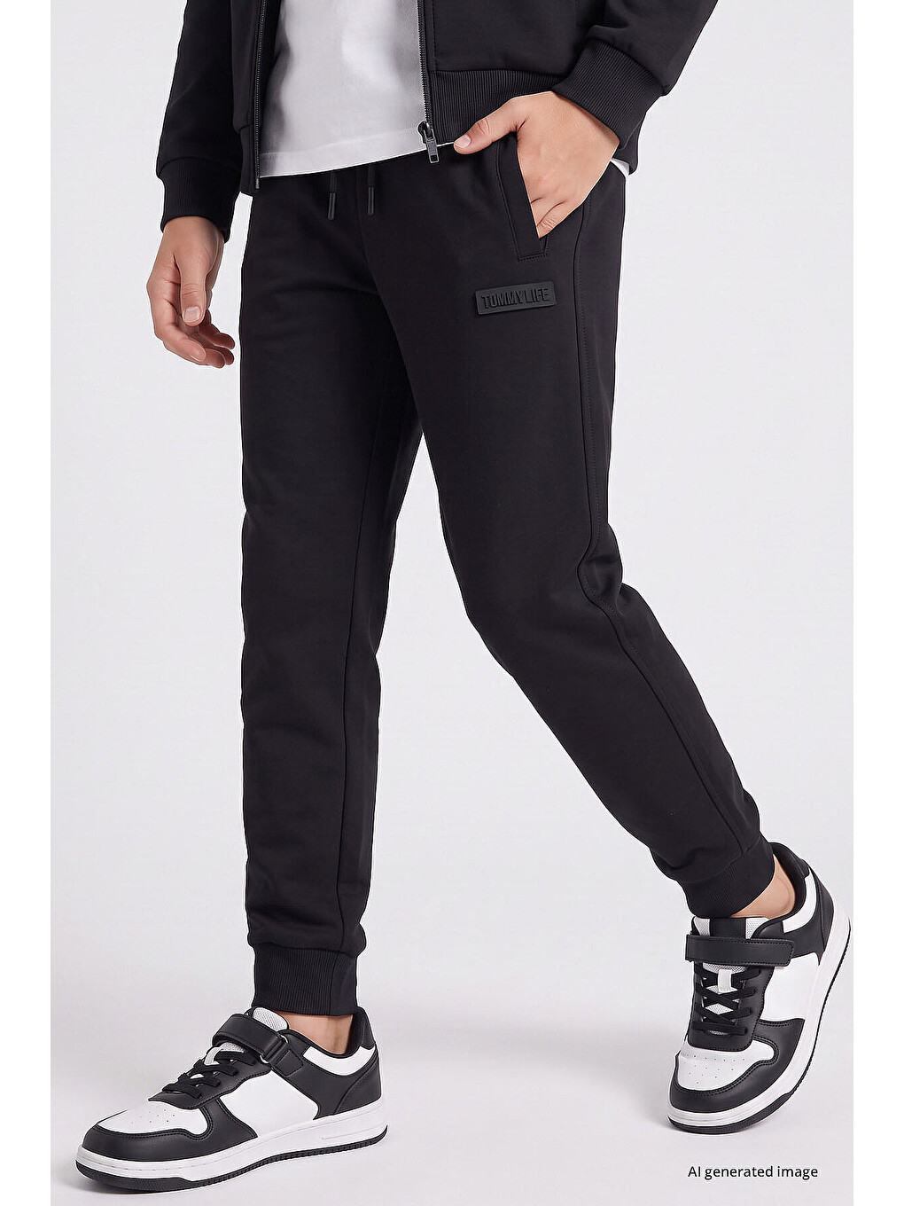 Siyah Standart Fit Basic Dik Yaka Jogger Erkek Çocuk Eşofman Takım - 11327-4