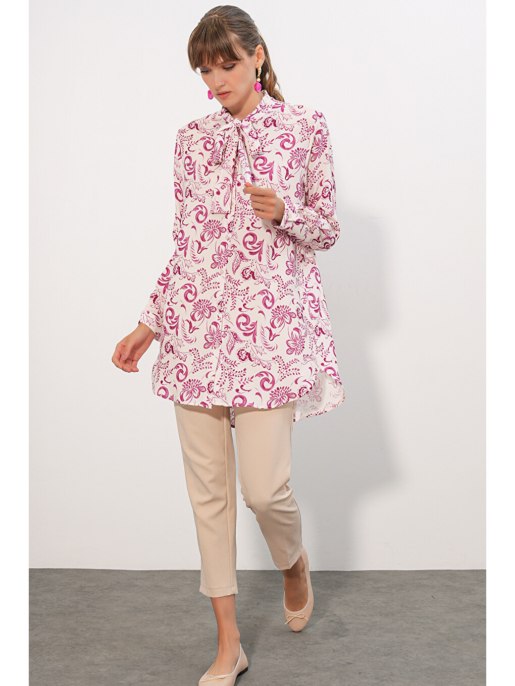 Kadın Desenli Uzun Tunik 5998 - Pembe-1