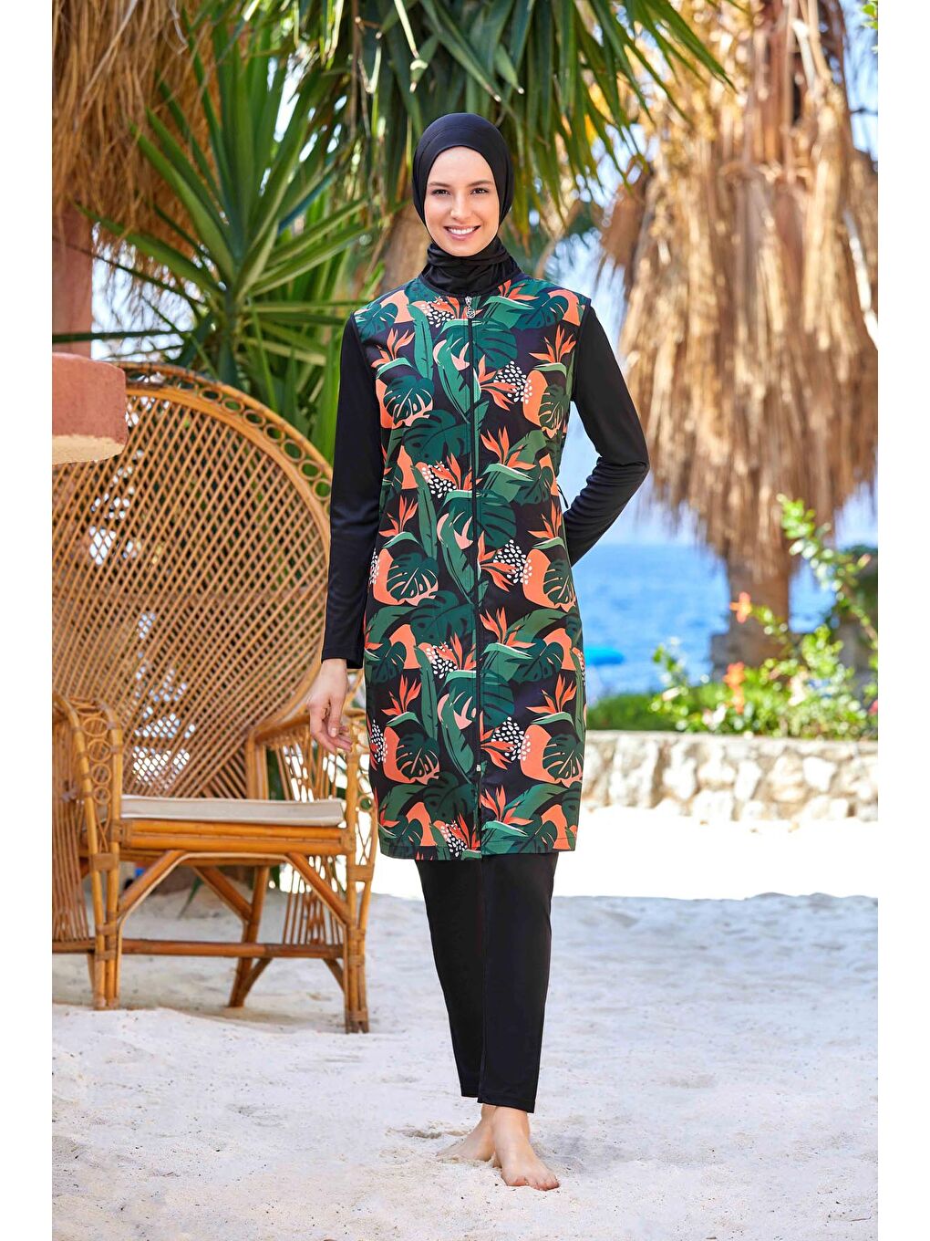 Yeşil Yaprak Desenli Fermuarlı 3 Lü Tesettür Mayo