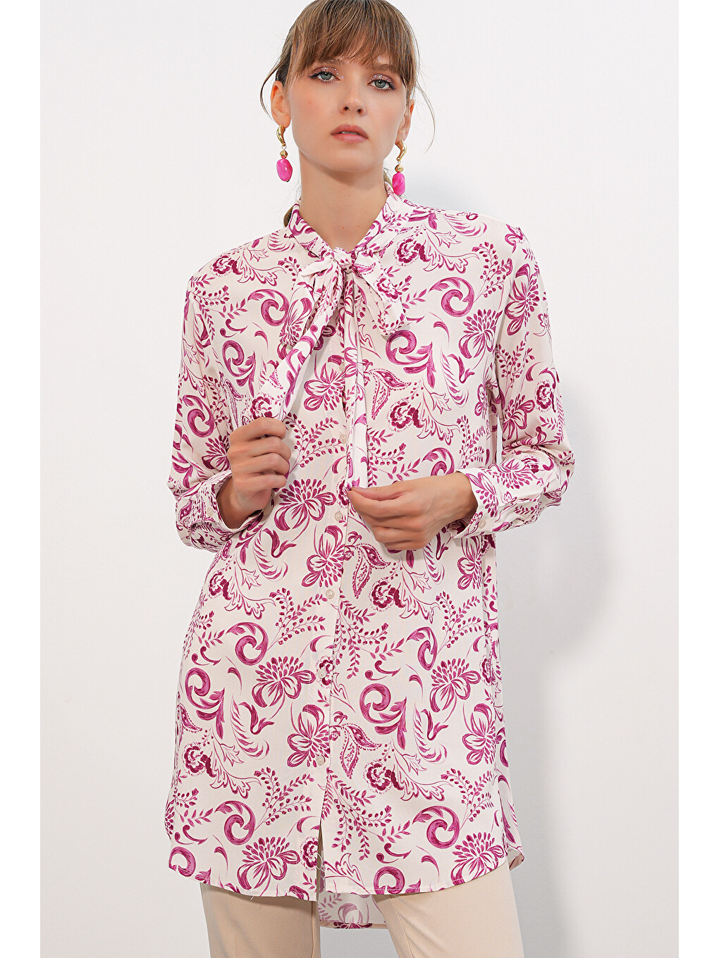 Kadın Desenli Uzun Tunik 5998 - Pembe-2