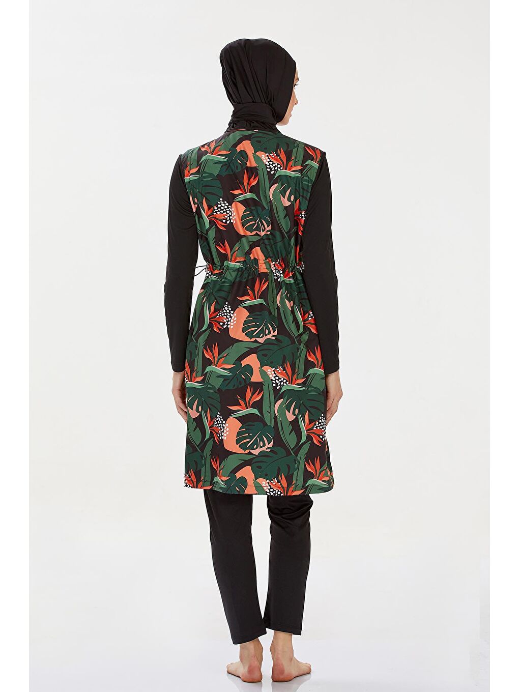 Yeşil Yaprak Desenli Fermuarlı 3 Lü Tesettür Mayo-1