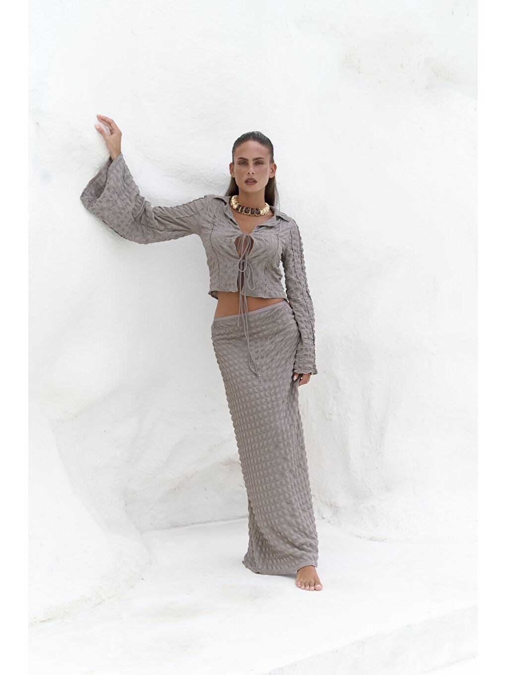 Bej Rania Vizon Gömlek Etek Takım-1