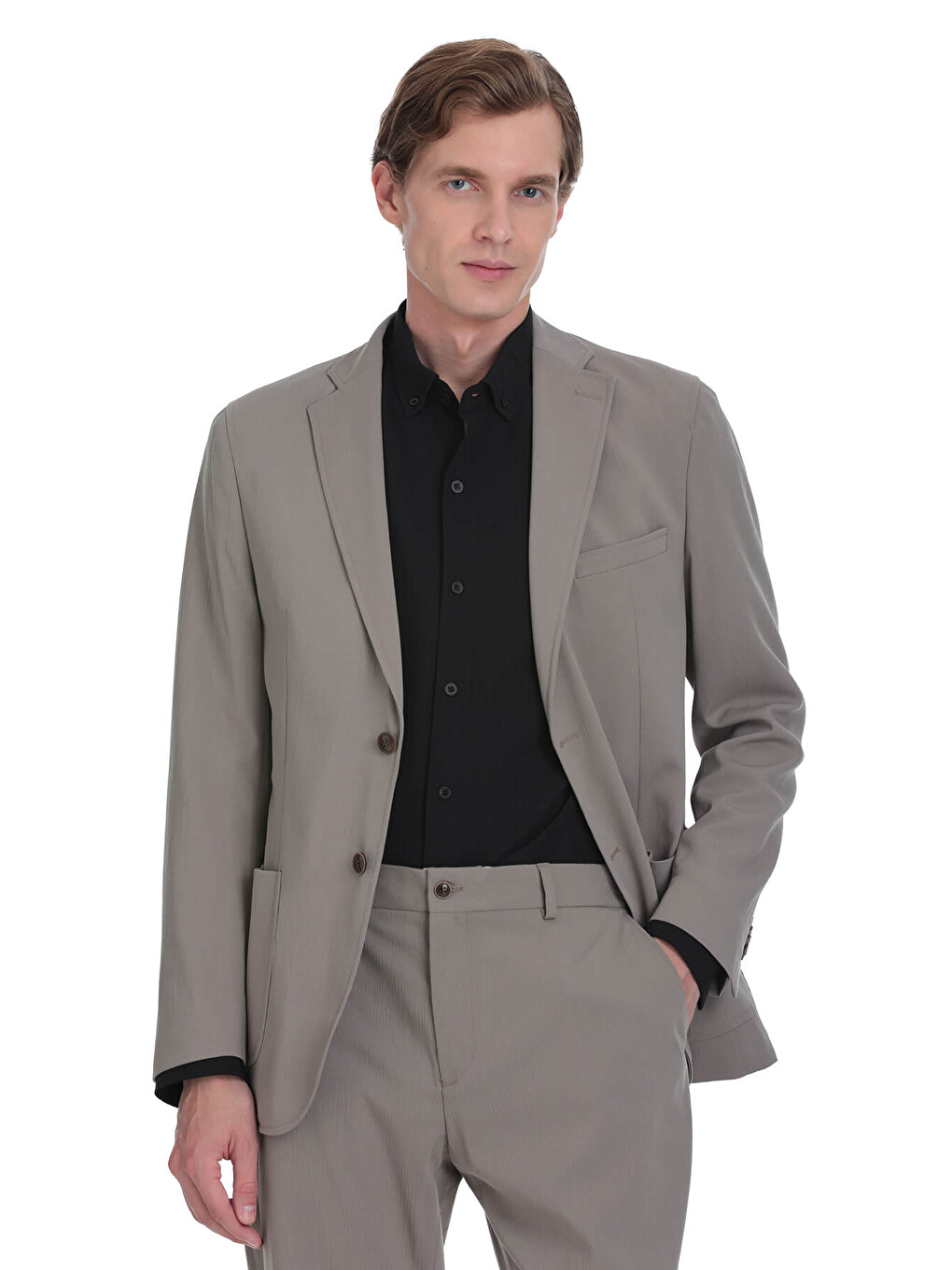 Bej Vizon Slim Fit Mono Yaka Casual Takım Elbise-4