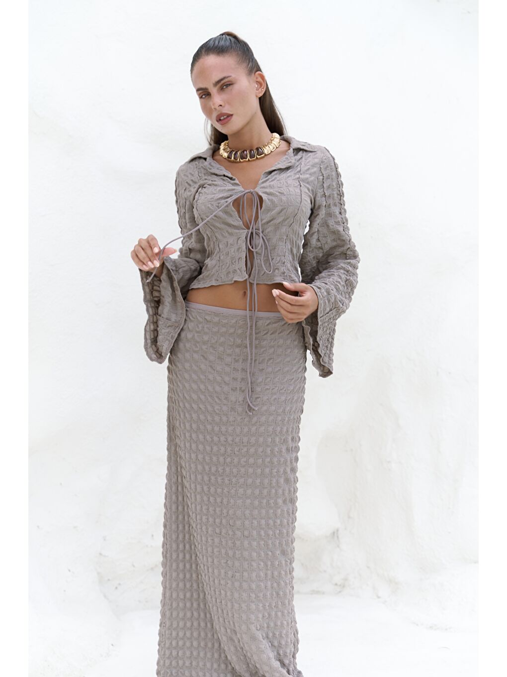 Bej Rania Vizon Gömlek Etek Takım-2