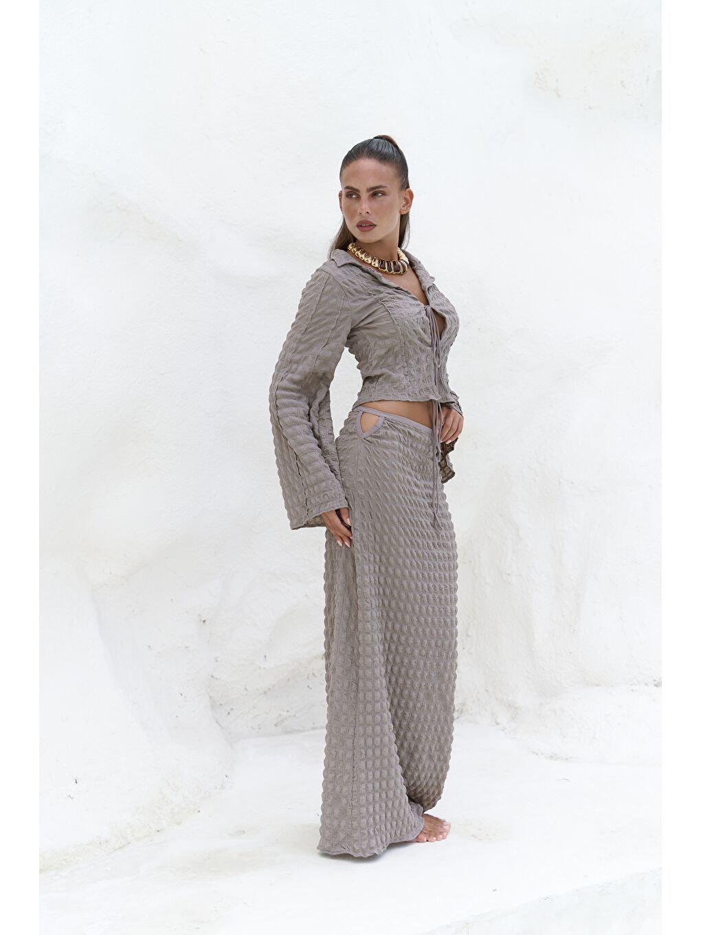 Bej Rania Vizon Gömlek Etek Takım-3