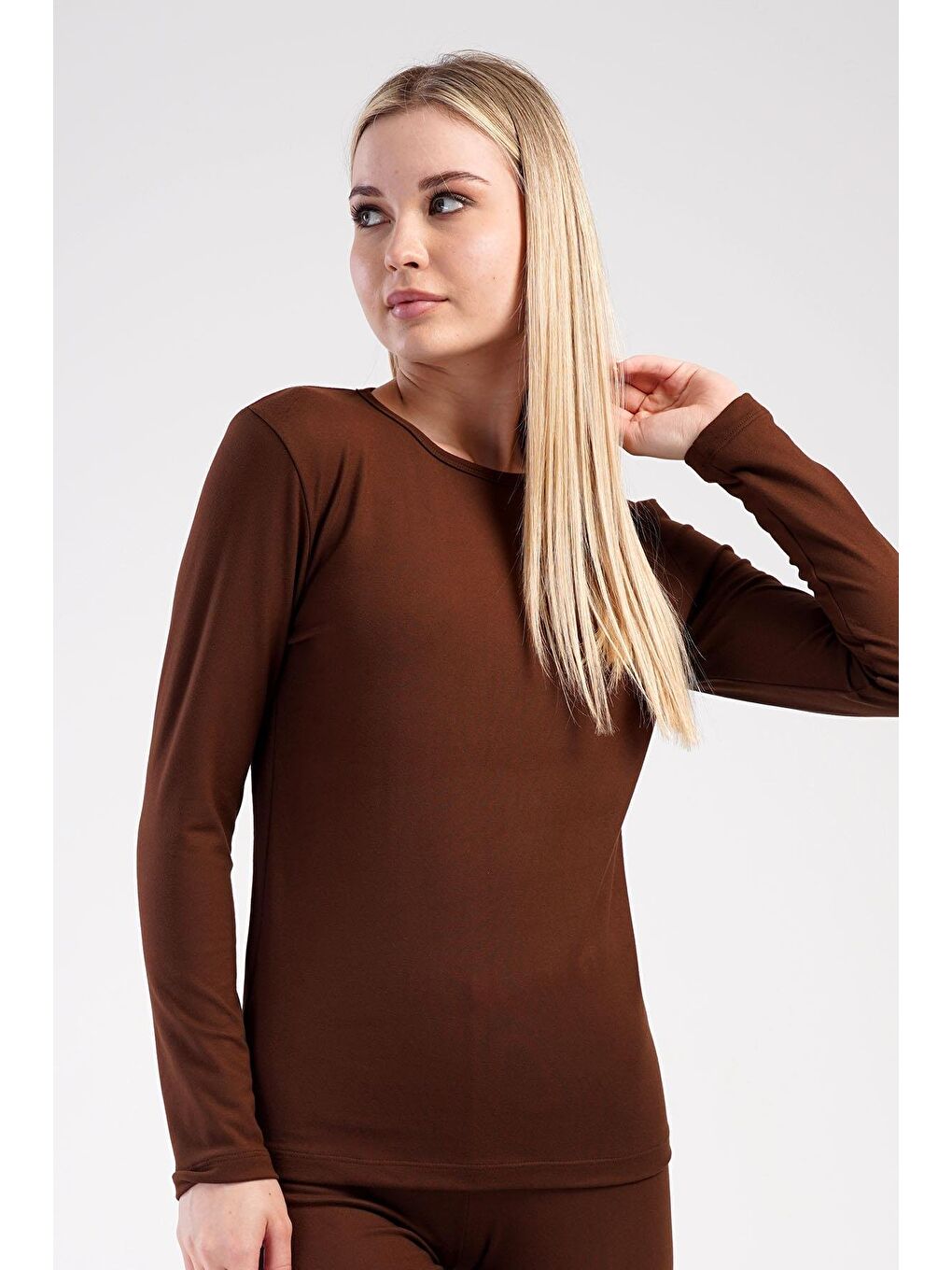 Kadın Uzun Kol Bisiklet Yaka Termal T-Shirt 409008 Kahverengi-1