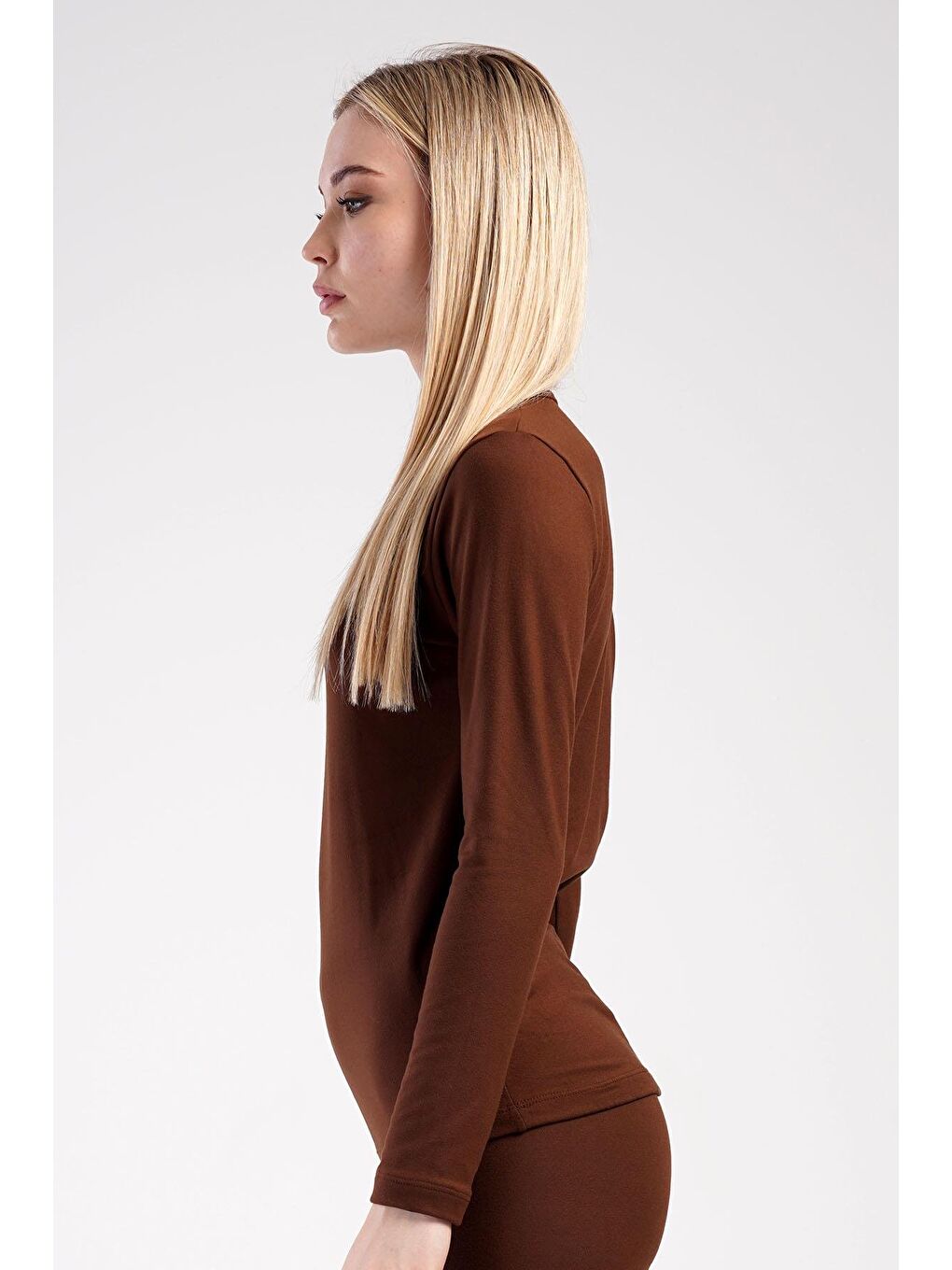 Kadın Uzun Kol Bisiklet Yaka Termal T-Shirt 409008 Kahverengi-2