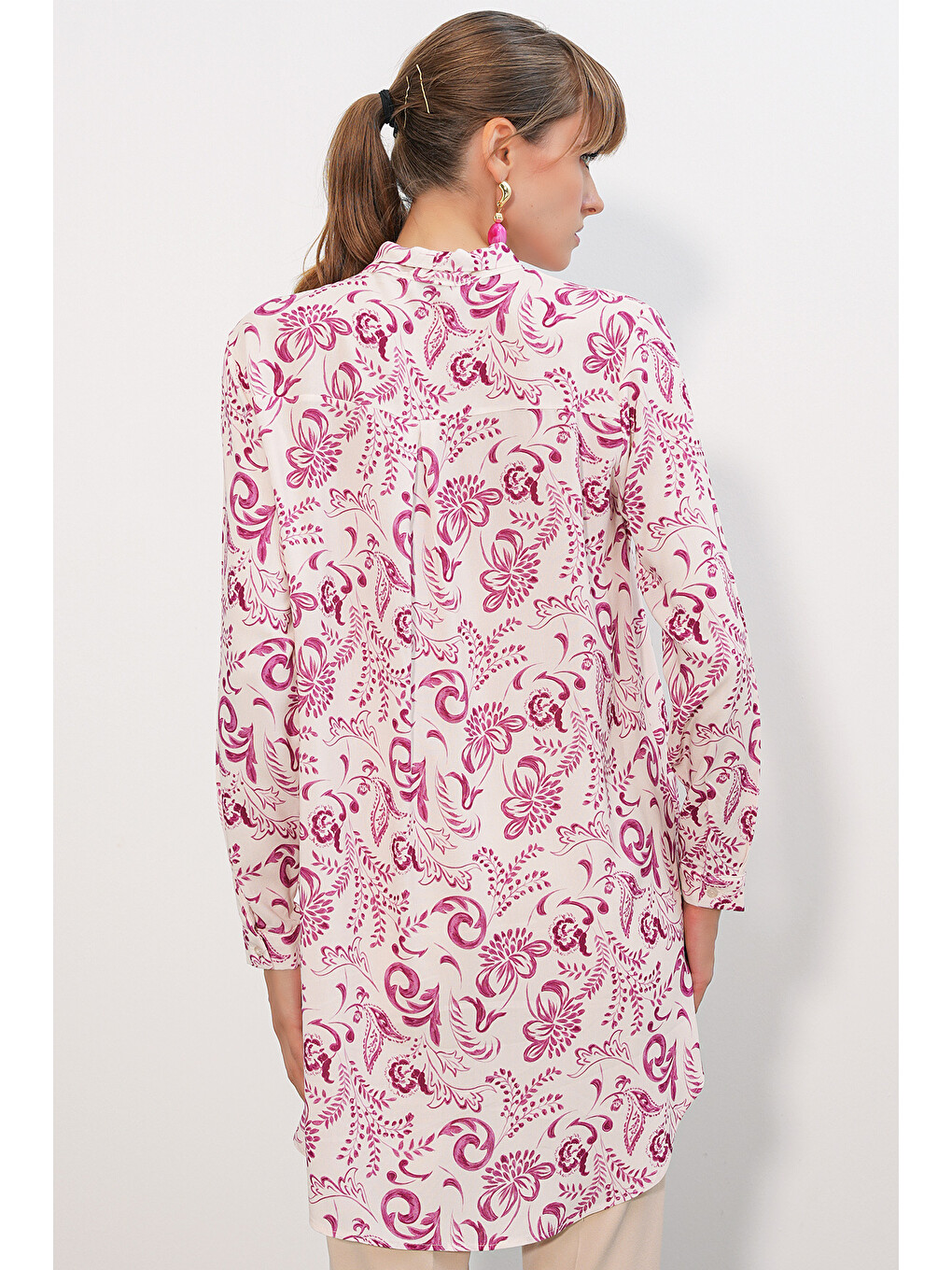 Kadın Desenli Uzun Tunik 5998 - Pembe-4