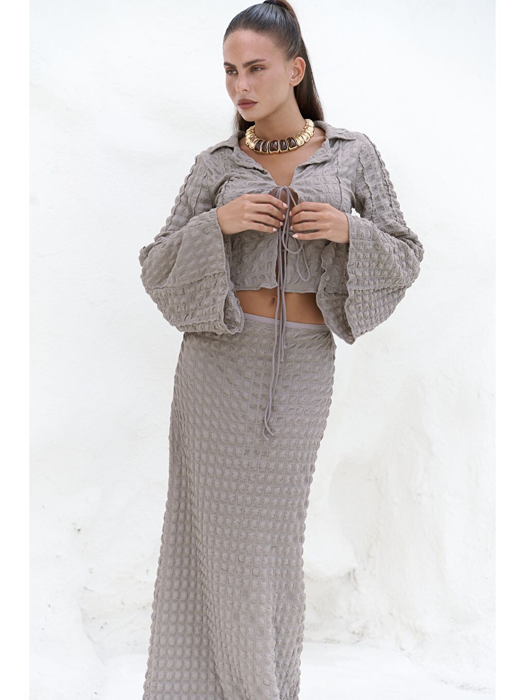 Bej Rania Vizon Gömlek Etek Takım-5