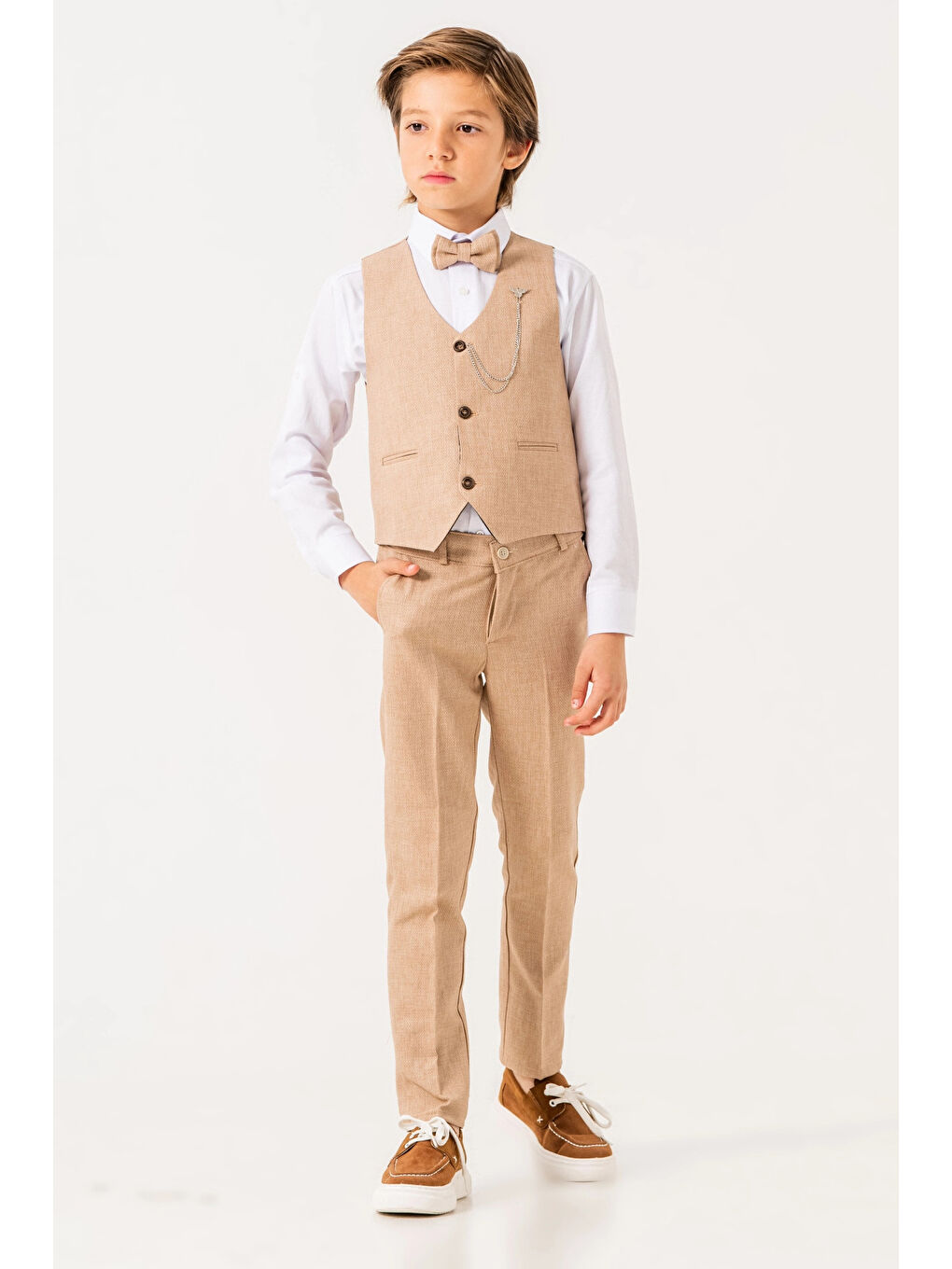 Ekru Papyonlu Yelekli Takım Elbise 3005-1