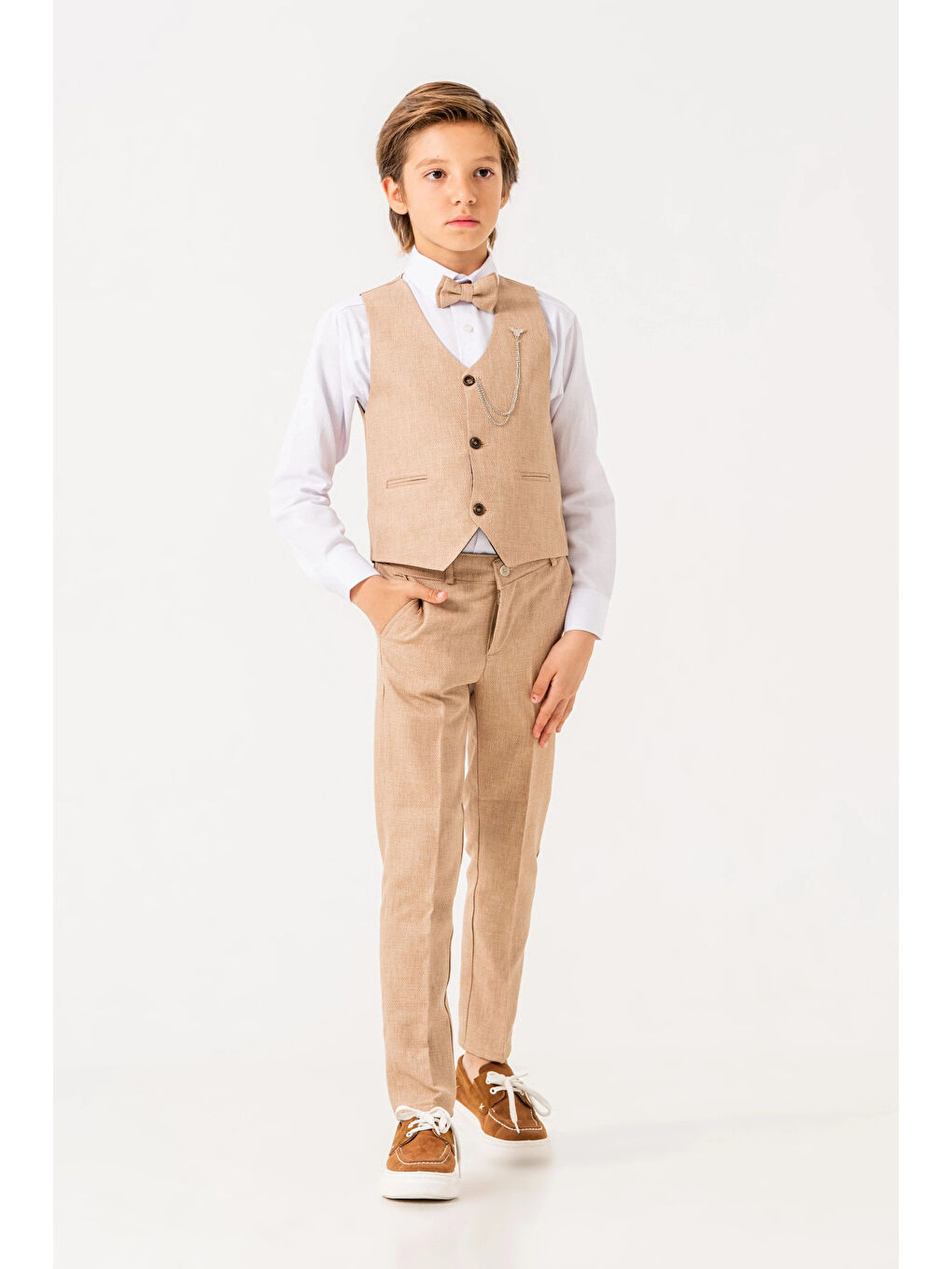 Ekru Papyonlu Yelekli Takım Elbise 3005-2