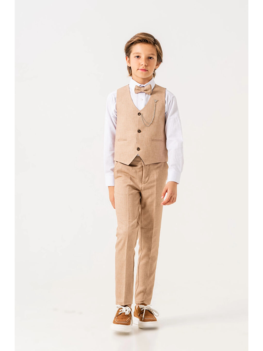 Ekru Papyonlu Yelekli Takım Elbise 3005-3