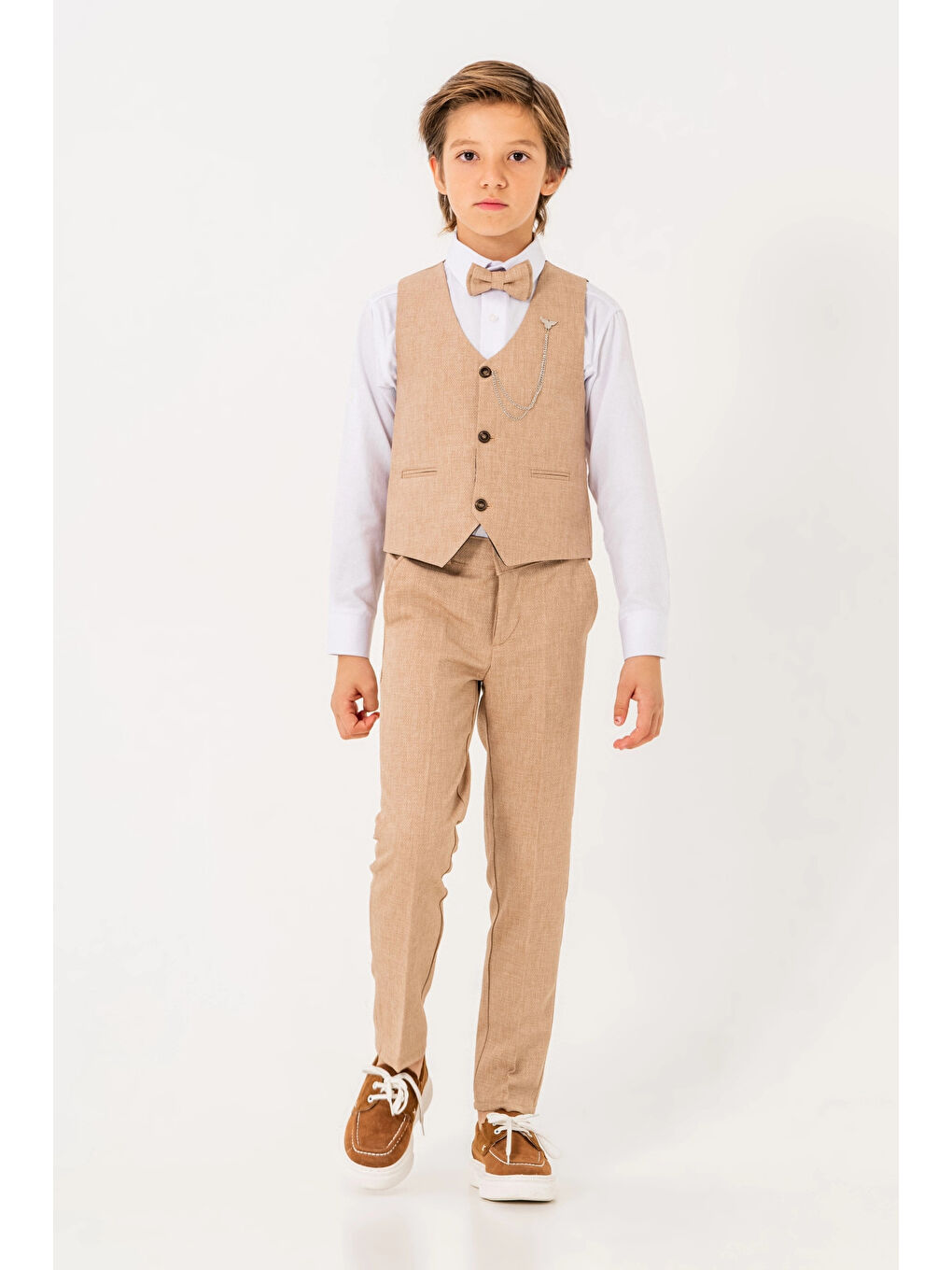 Ekru Papyonlu Yelekli Takım Elbise 3004-4