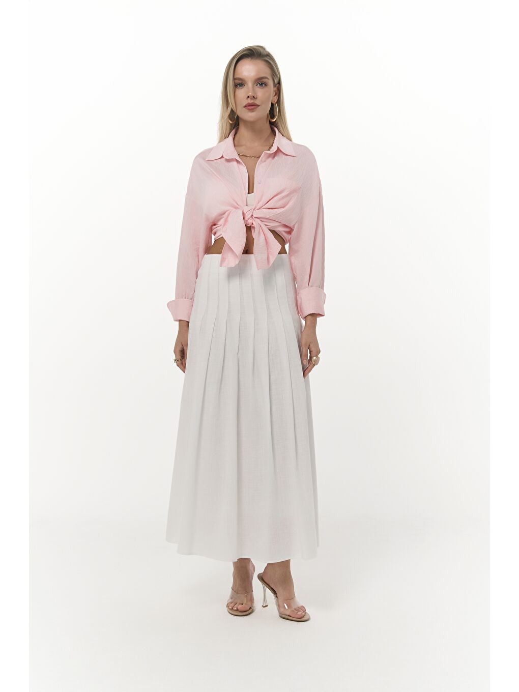 Sera Pile Detay Beyaz Uzun Etek-1