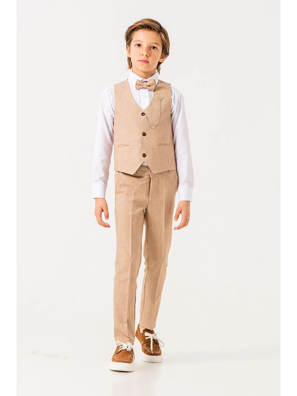 Ekru Papyonlu Yelekli Takım Elbise 3005-4